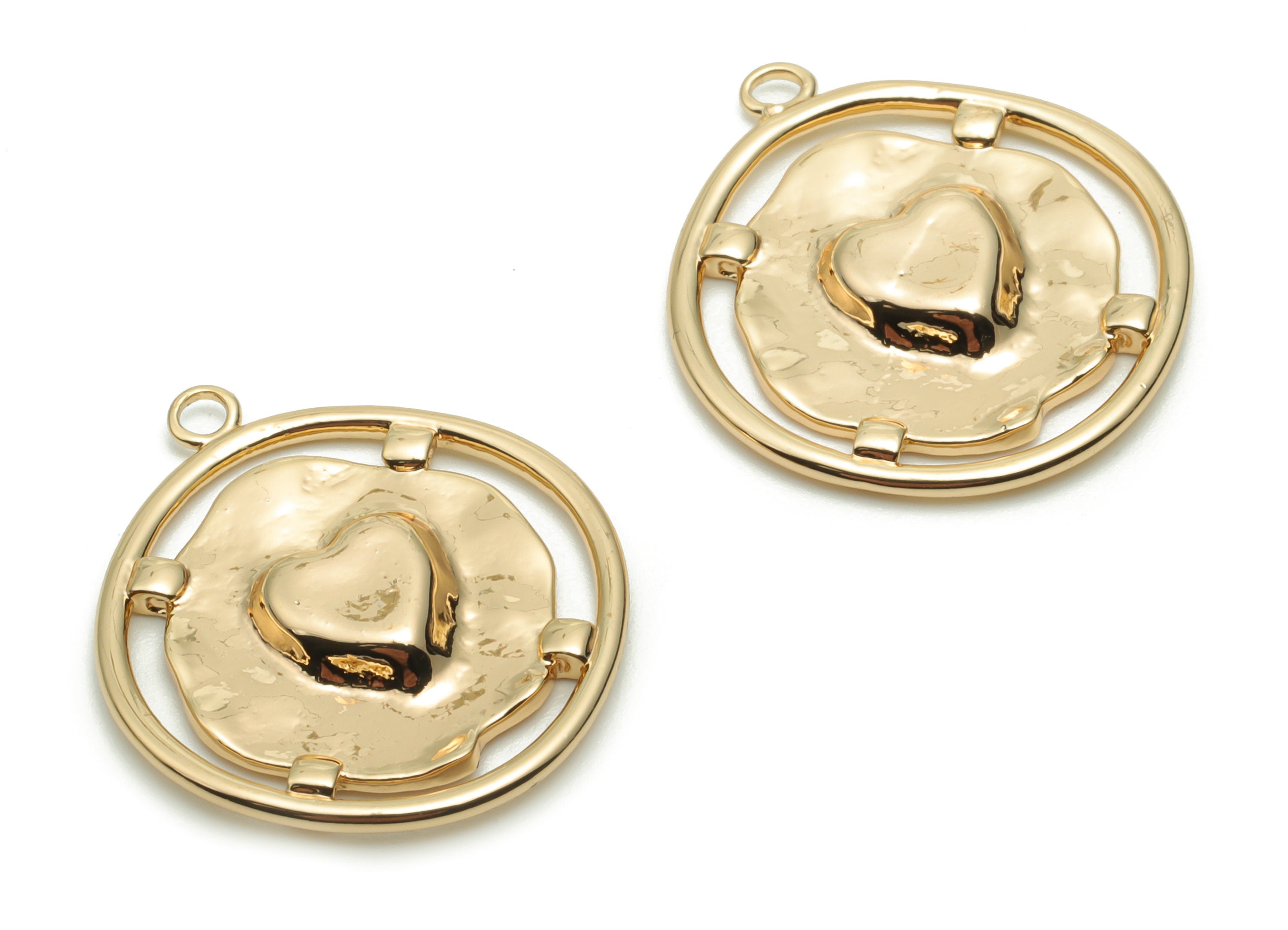 Brass Round Heart Earring Charms - Gold Heart Circle Pendant - 18K Real Gold Plated Brass - Jewelry Supplies - 22.19x19.47x2.34mm - RGP4259 - DOMEDBAZAAR