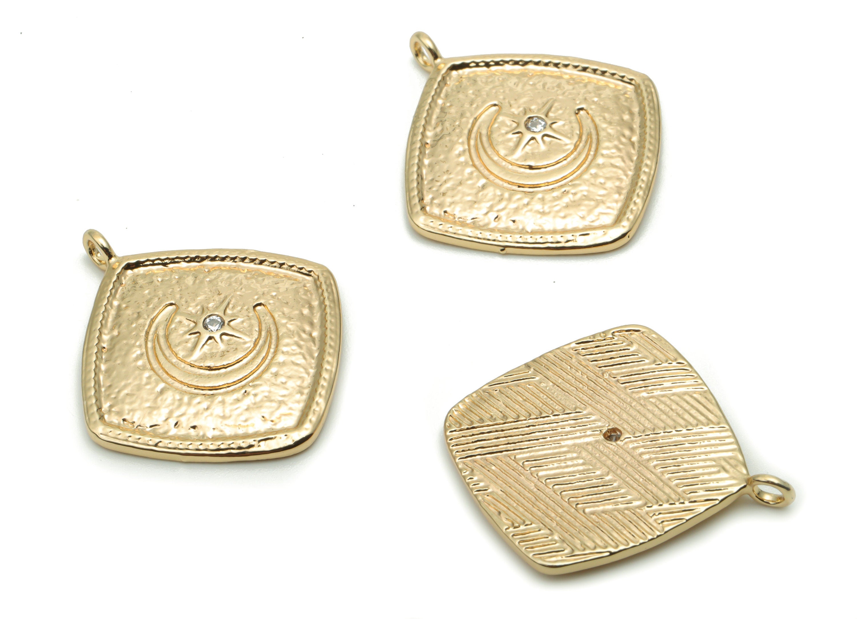 Brass Hammered Square Moon Star Charms With Zircons - Gold Crescent Square Pendant - 18K Real Gold Plated Brass - 23.33x19.9x1.7mm - RGP4269 - DOMEDBAZAAR