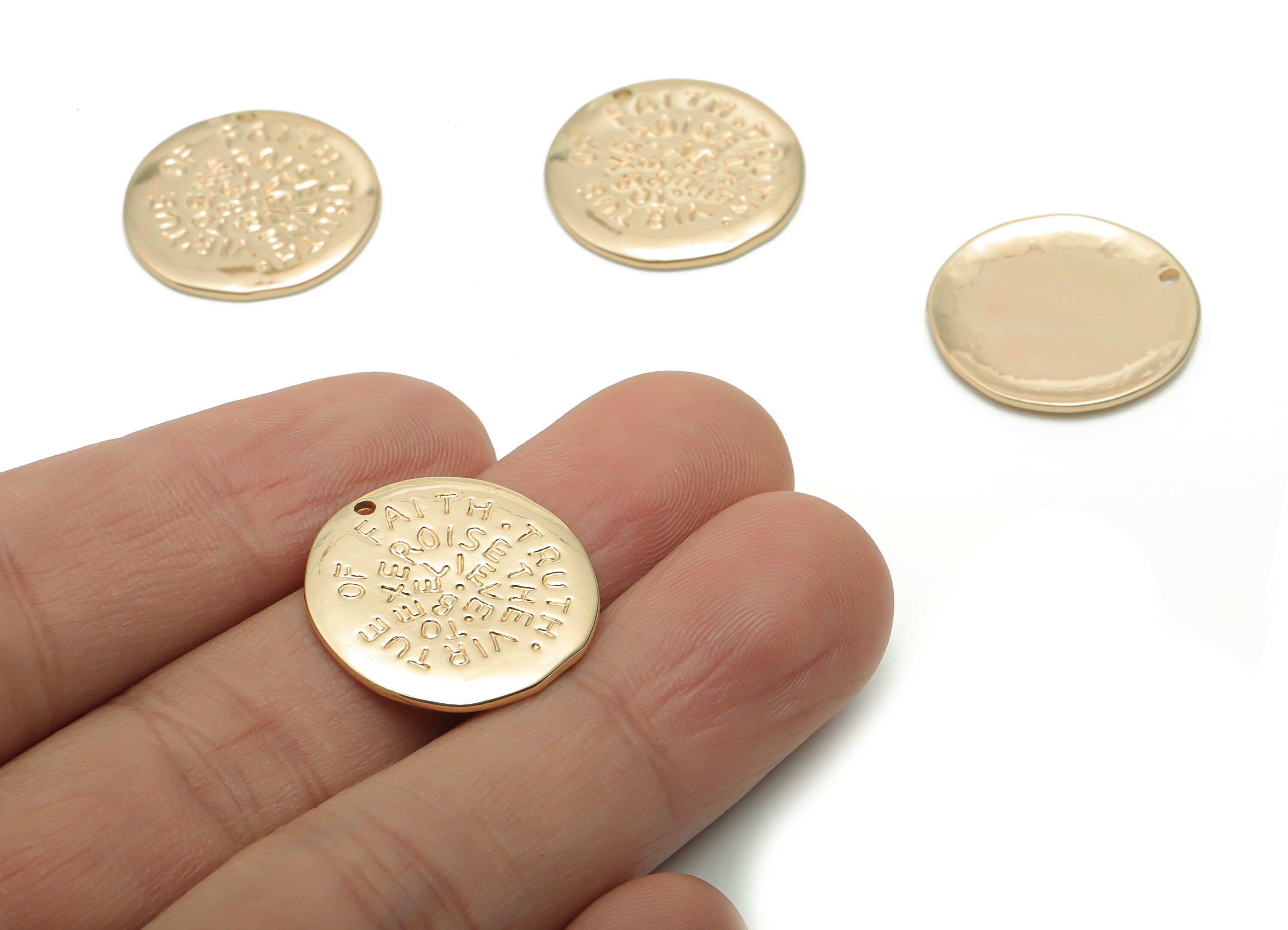 Brass Round Words Phrase Earring Charms - Gold Words Phrase Circle Pendant - 18K Real Gold Plated Brass - 20.61x20.47x1.05mm - RGP4252 - DOMEDBAZAAR