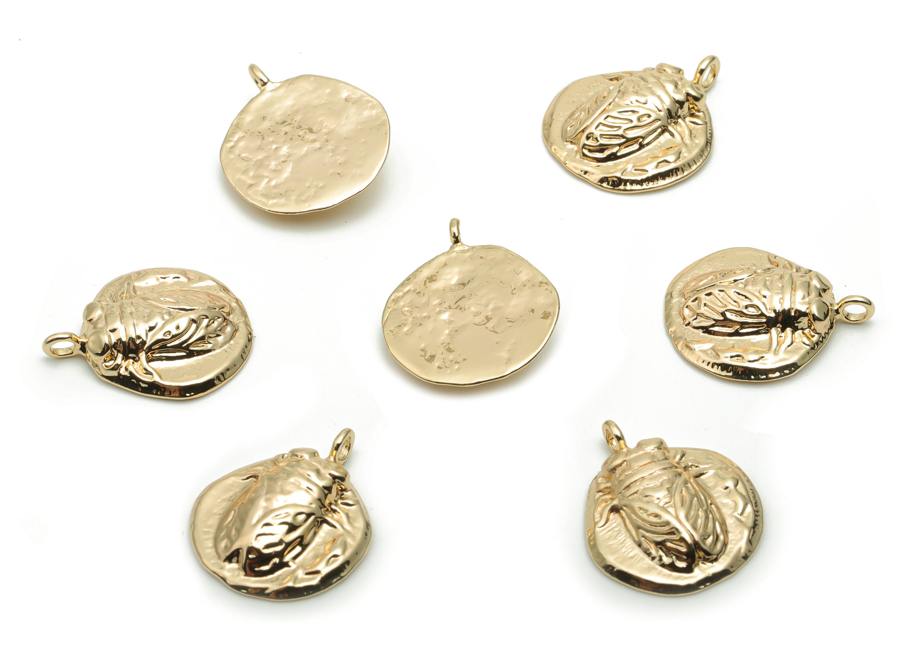 Brass Round Beetle Earring Charms - Gold Insect Circle Pendant - 18K Real Gold Plated Brass - Jewelry Supplies - 16.62x14.02x3.3mm - RGP4255 - DOMEDBAZAAR