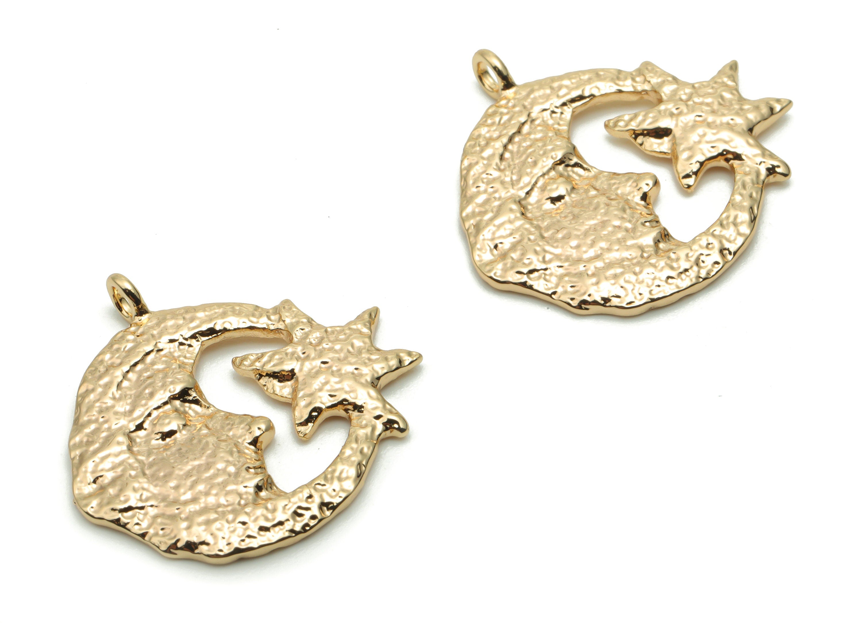 Brass Hammered Moon Face Star Earring Charms - Gold Round Crescent Pendant - 18K Real Gold Plated Brass - 20.18x19.71x1.58mm - RGP4260 - DOMEDBAZAAR
