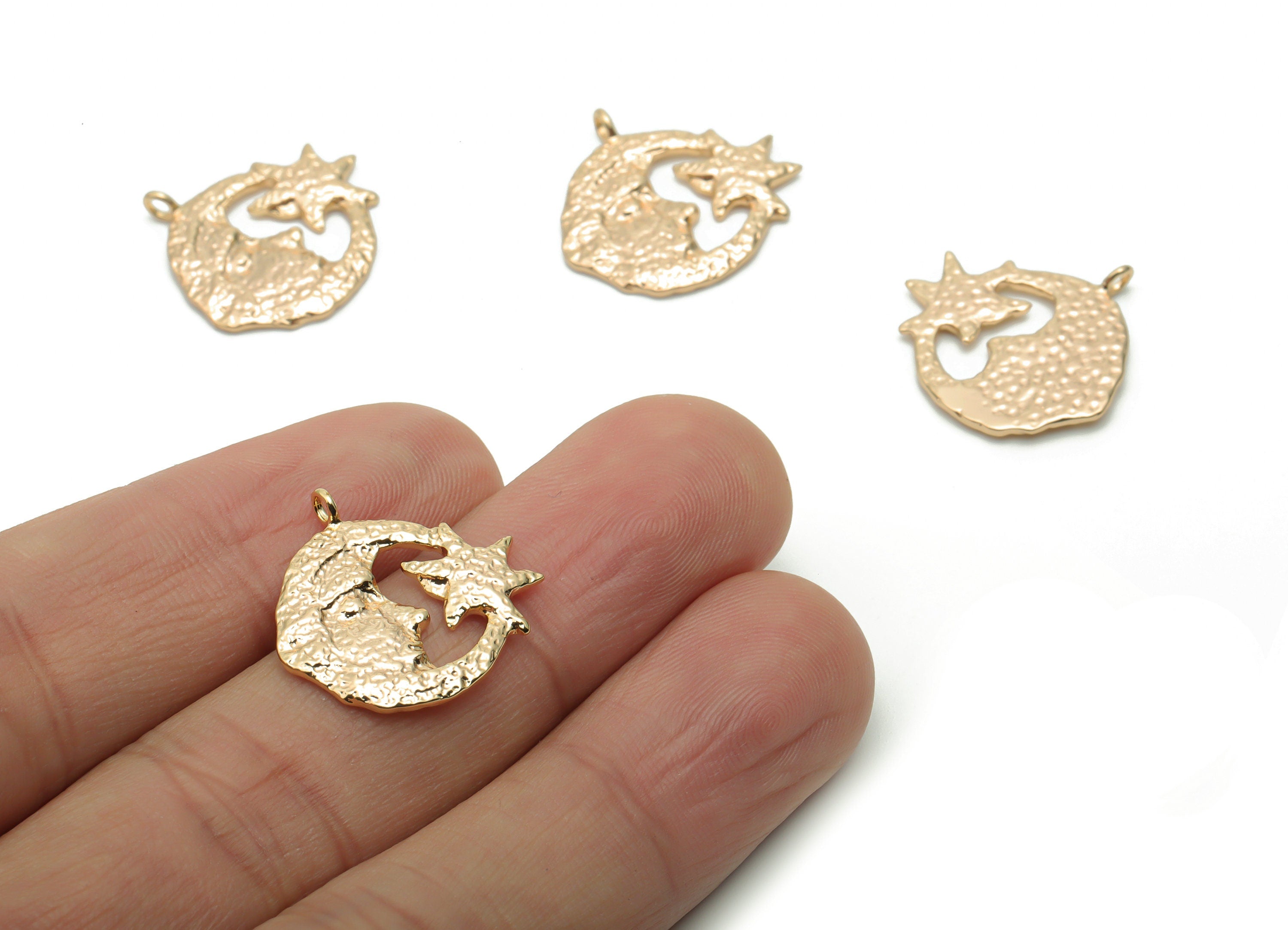 Brass Hammered Moon Face Star Earring Charms - Gold Round Crescent Pendant - 18K Real Gold Plated Brass - 20.18x19.71x1.58mm - RGP4260 - DOMEDBAZAAR