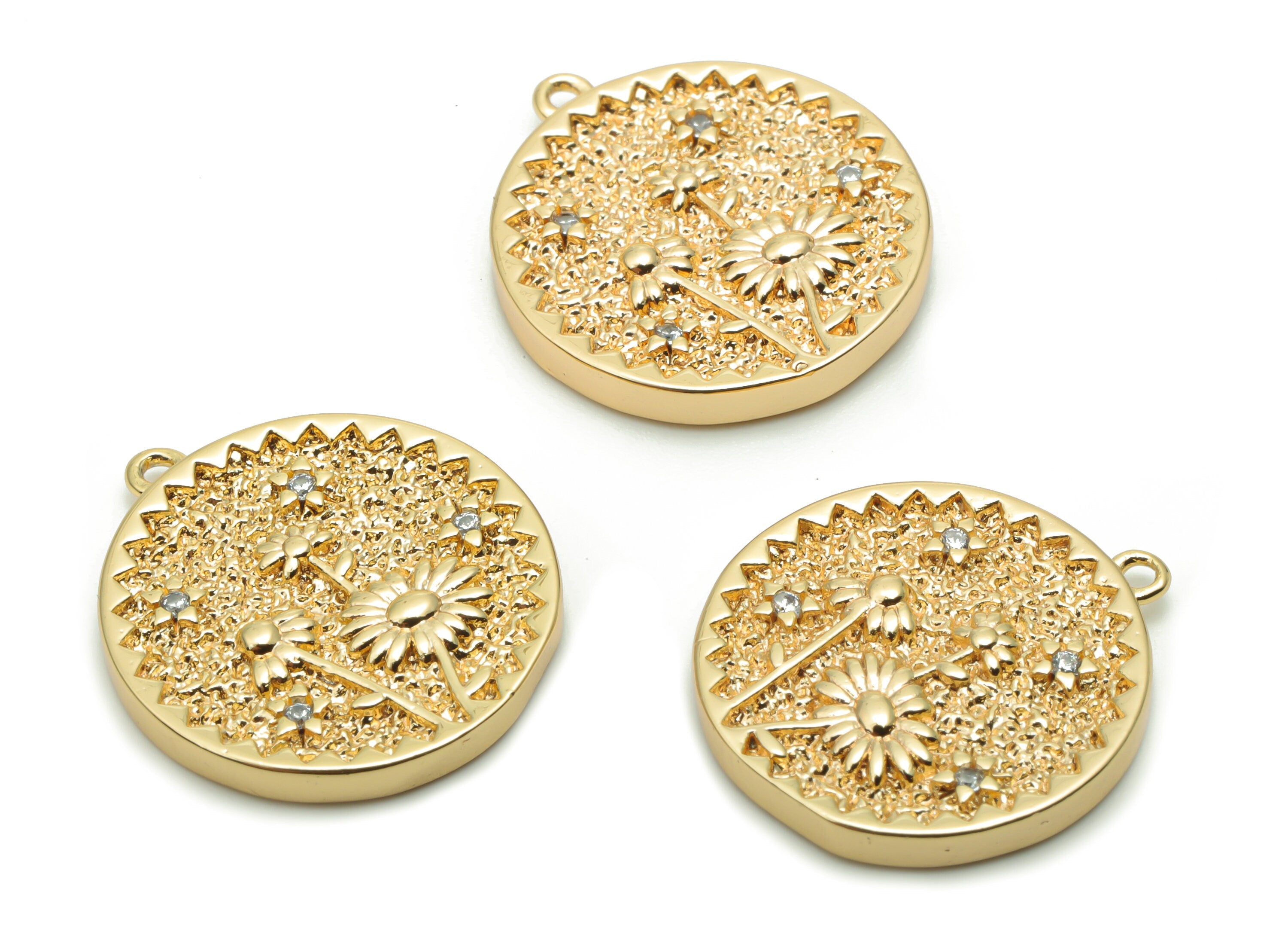 Brass Round Sunflower Earring Charms With Zircons - Gold Star Circle Pendant - 18K Real Gold Plated Brass - 19.8x17.5x2.5mm - RGP4278 - DOMEDBAZAAR