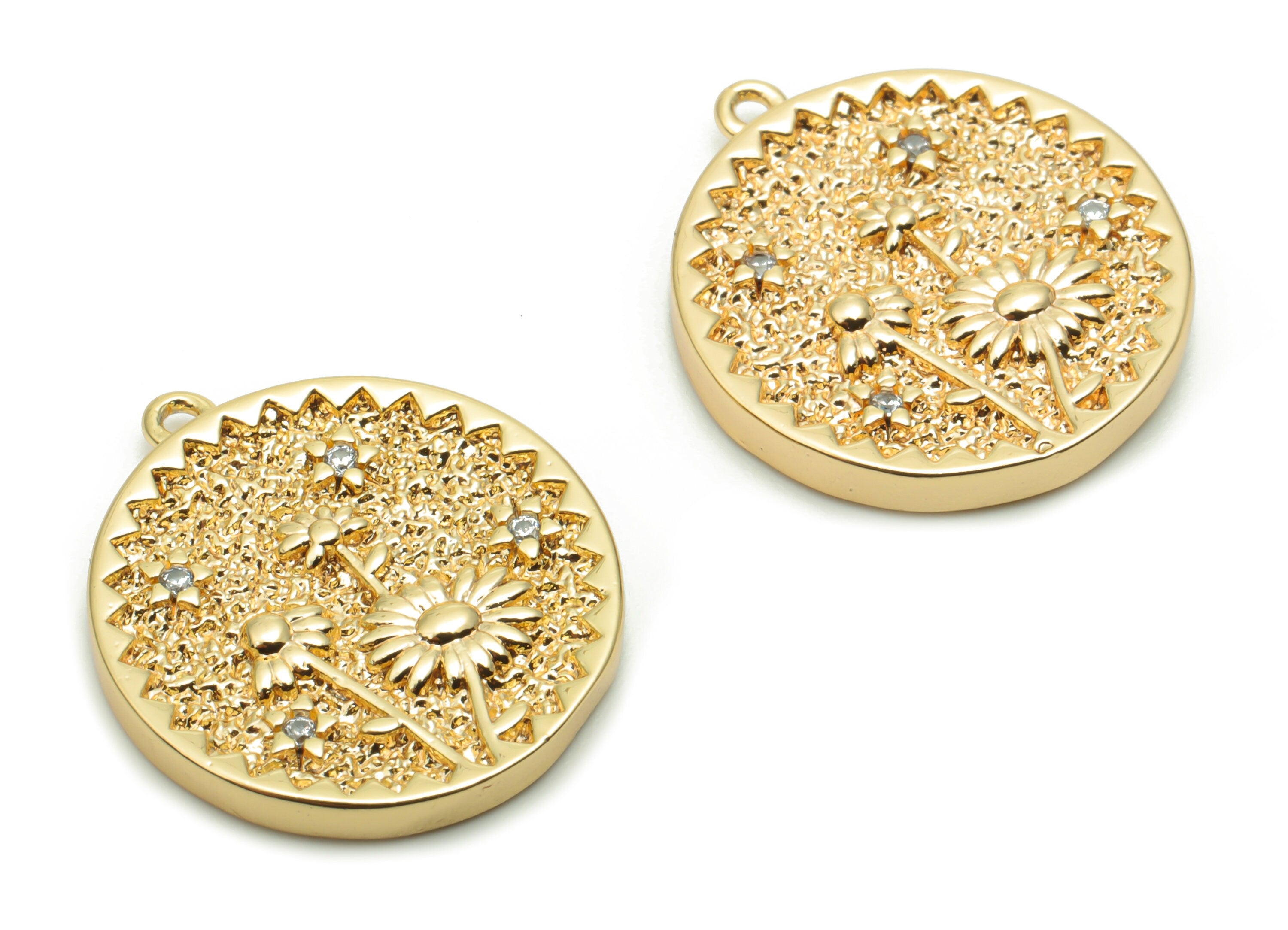 Brass Round Sunflower Earring Charms With Zircons - Gold Star Circle Pendant - 18K Real Gold Plated Brass - 19.8x17.5x2.5mm - RGP4278 - DOMEDBAZAAR