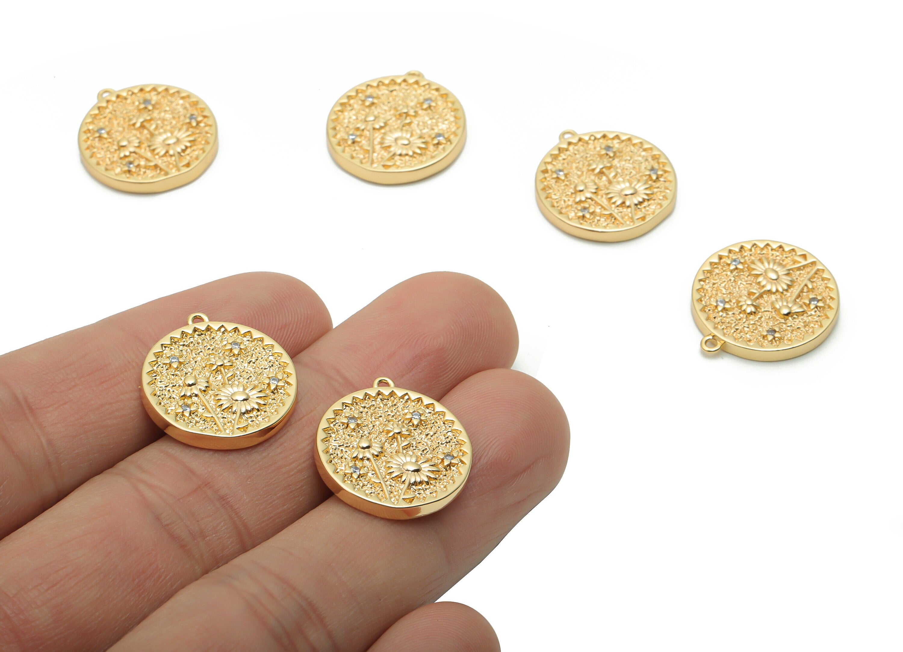 Brass Round Sunflower Earring Charms With Zircons - Gold Star Circle Pendant - 18K Real Gold Plated Brass - 19.8x17.5x2.5mm - RGP4278 - DOMEDBAZAAR
