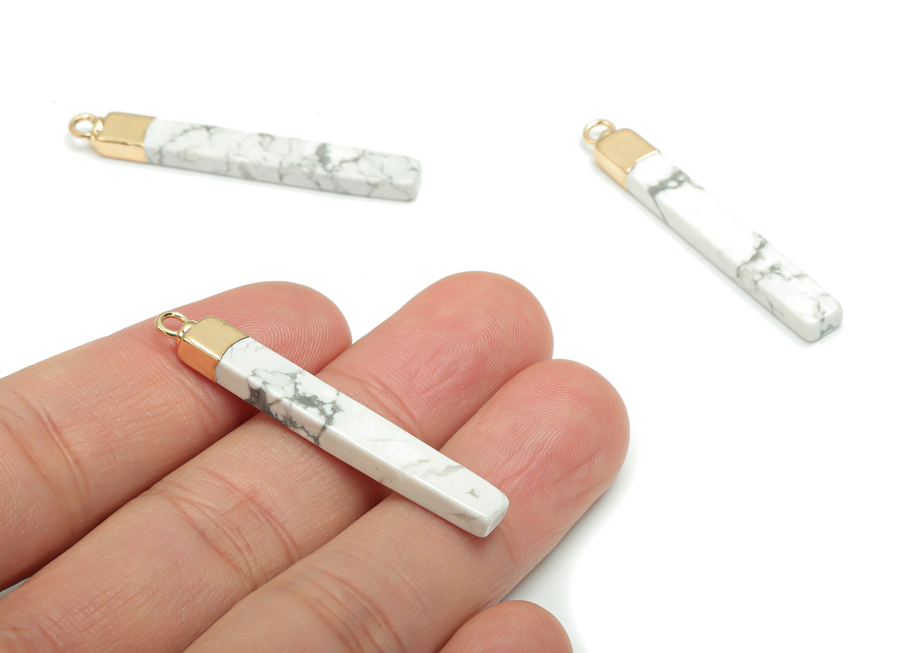 Howlite Stick Earring Charm - Brass Rectangle Bar Pendant - Natural Stone - Gold Tone Plated Brass – Jewelry Supplies - 44x5.8x3.5mm–NS1603C - DOMEDBAZAAR