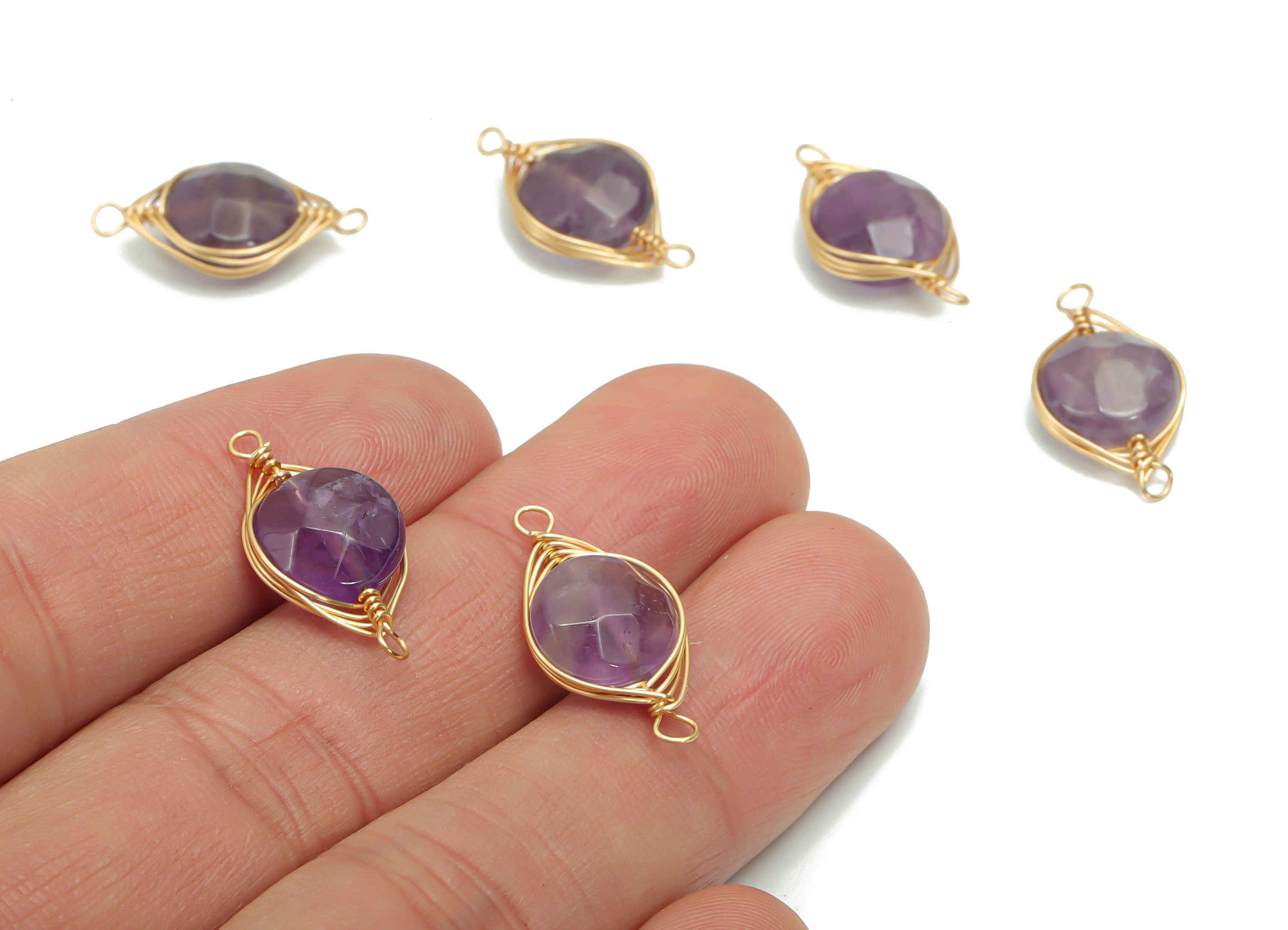 Purple Amethyst Round Faceted Earring Connector - Brass Circle Pendant - Wire Wrapped - Gold Tone Plated Brass – 20.78x11.06x5.28mm – NS1606 - DOMEDBAZAAR