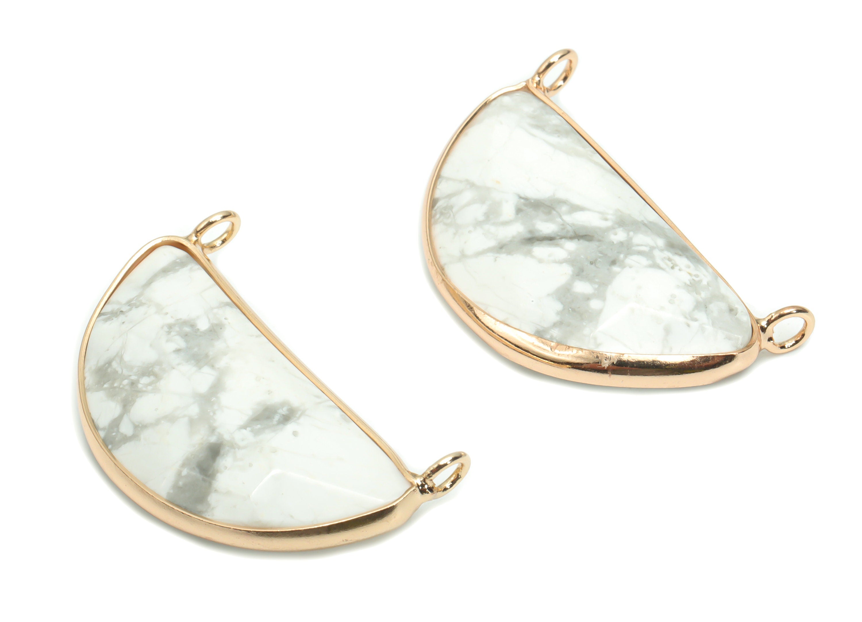 Howlite Semicircle Earring Connectors - Brass Half Moon Pendant - Natural Stone - Gold Tone Plated Brass – 31.09x17.97x6.66mm – NS1624C - DOMEDBAZAAR