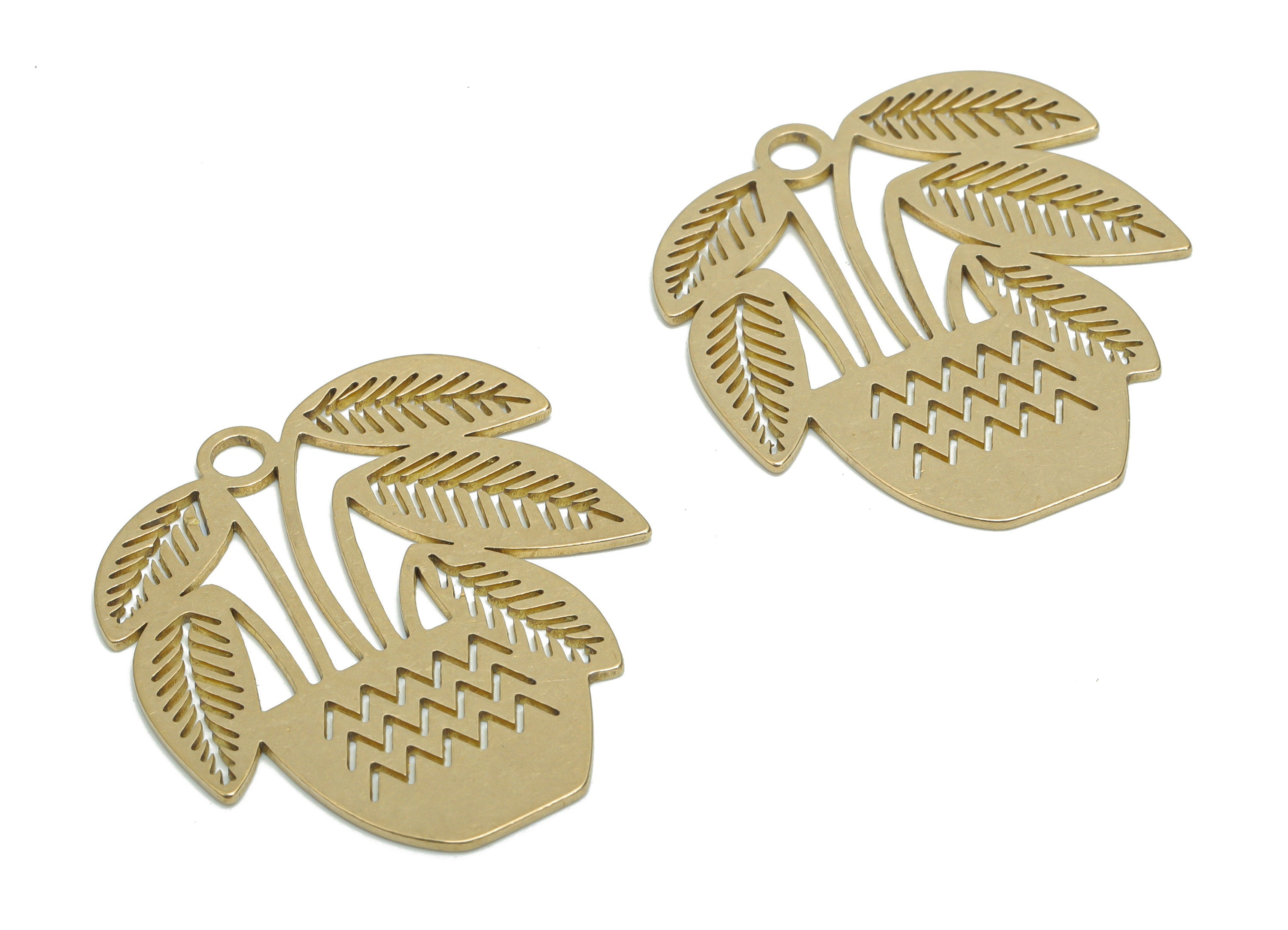 Brass Waves Leaf Earring Charms - Raw Brass Flowerpot Potted Plant Vase Pendant - Jewelry Making Supplies - 35.38x31.79x0.77mm - PPA0147 - DOMEDBAZAAR