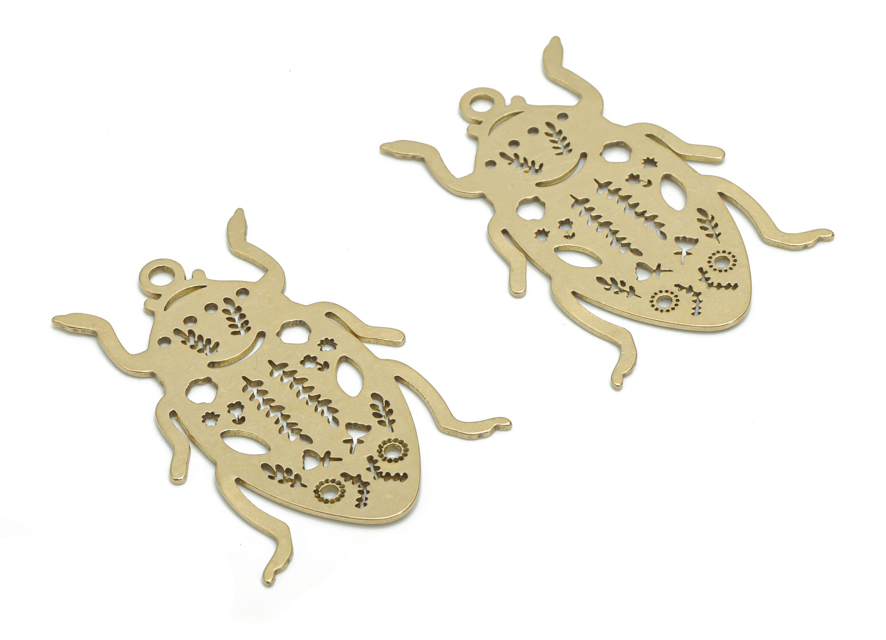 Brass Beetle Leaf Flower Earring Charms - Raw Brass Insect Sun Pendant - Jewelry Making Supplies - 34.68x23.5x0.66mm - PPA0171 - DOMEDBAZAAR
