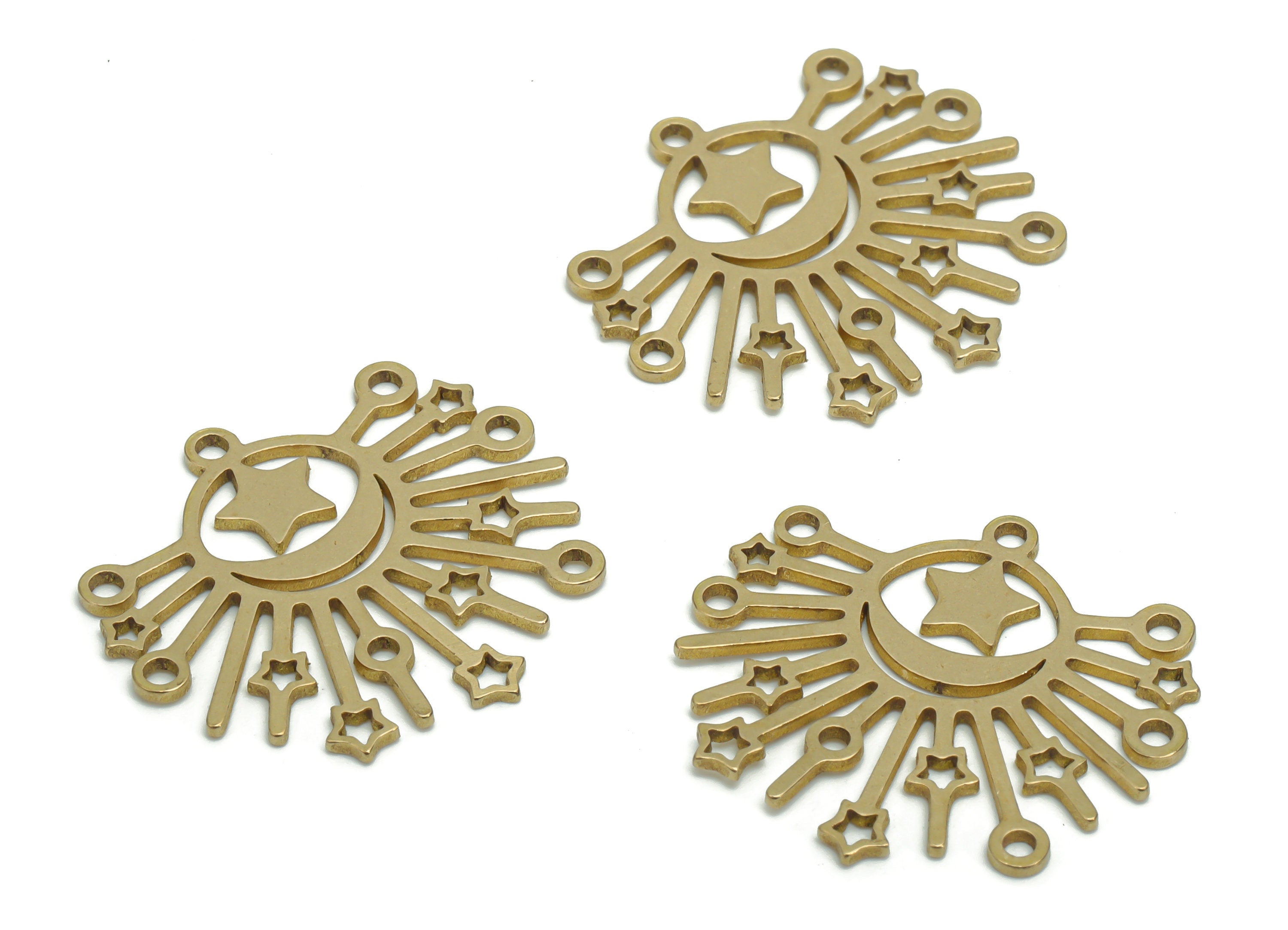 Brass Sun Planet Crescent Earring Charms - Raw Brass Star Moon Pendant - Jewelry Making Supplies - 24.45x22.71x0.78mm - PPZ0018 - DOMEDBAZAAR