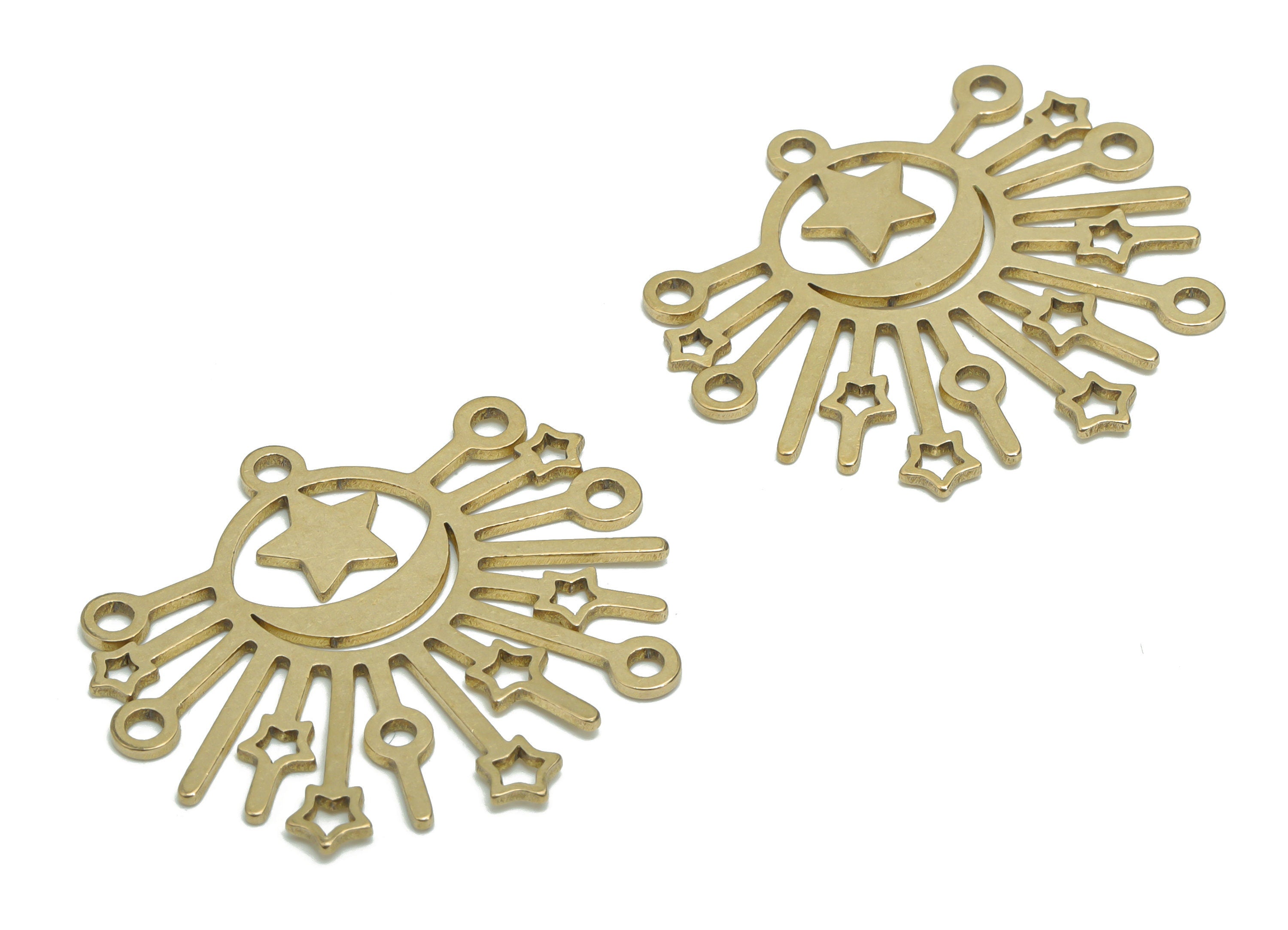 Brass Sun Planet Crescent Earring Connectors - Raw Brass Star Moon Charms and Pendant - Jewelry Making Supplies - 34.48x31.95x0.9mm- PPZ0017 - DOMEDBAZAAR