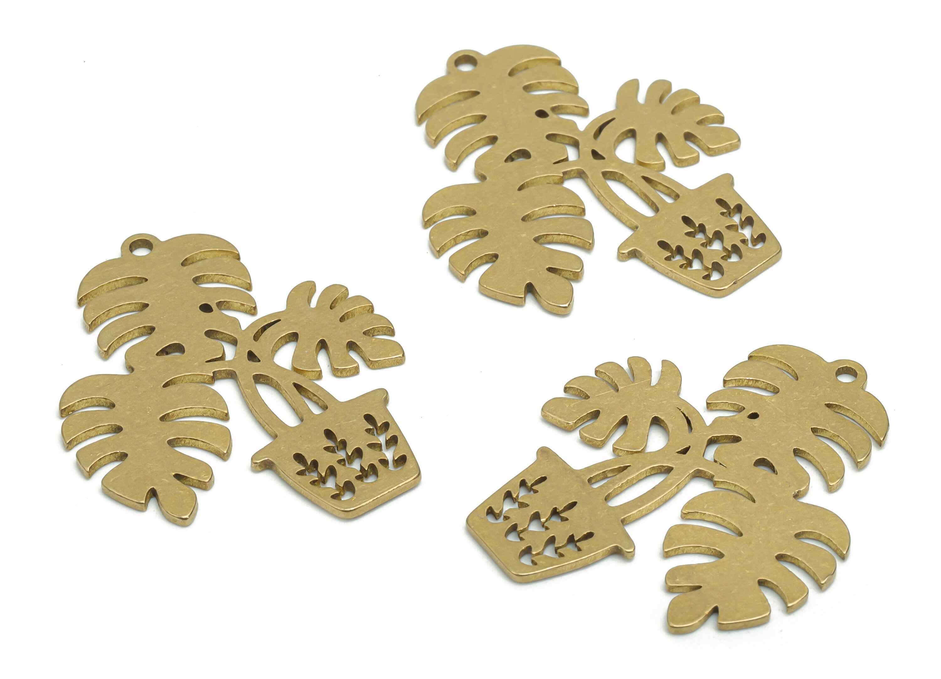 Brass Potted Monstera Earring Charms - Raw Brass Potted Grass Domed Pendant - Jewelry Making Supplies - 31.06x24.97x0.88mm - PPA0306 - DOMEDBAZAAR