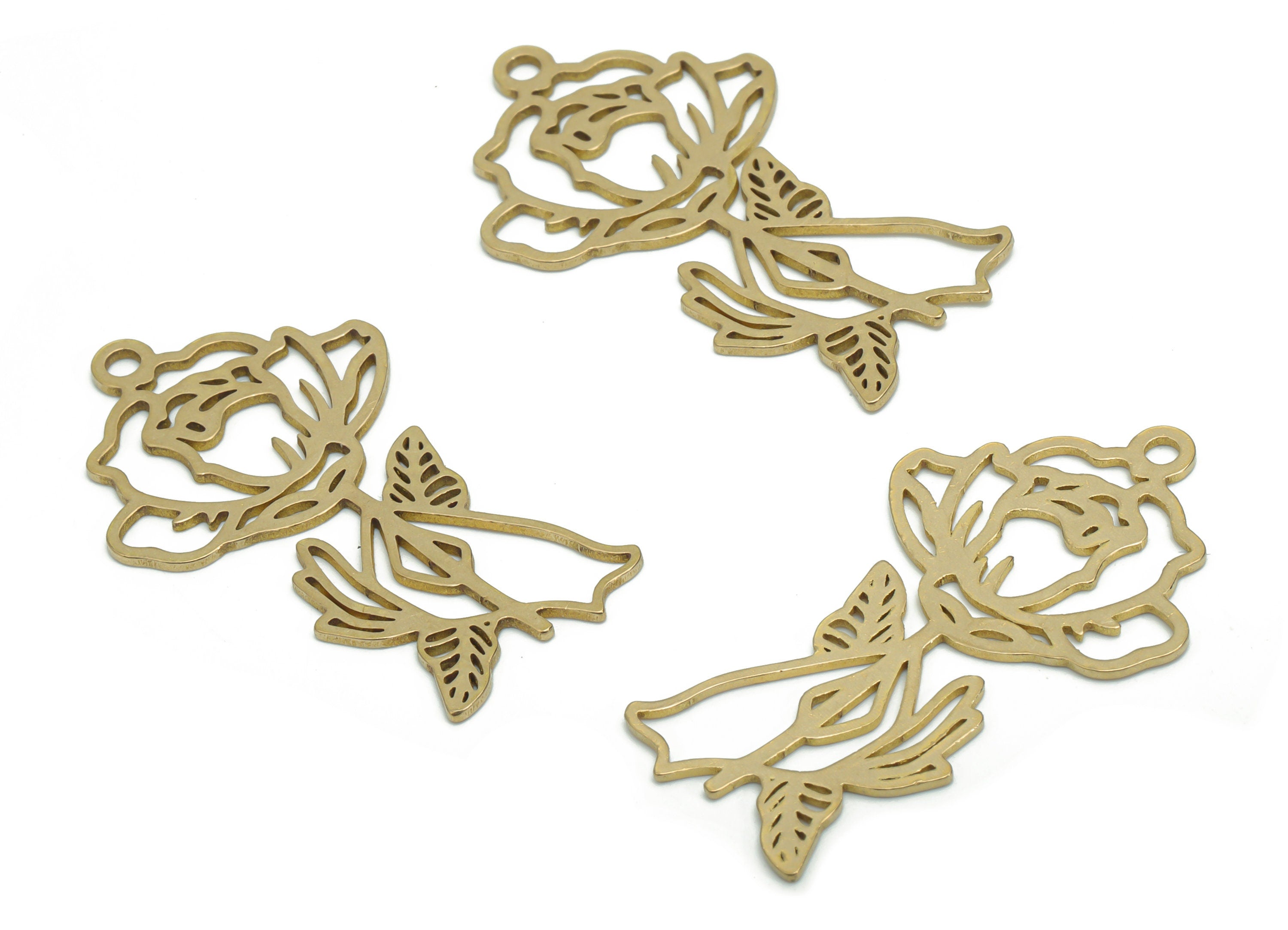Brass Rose Flower Earring Charms - Raw Brass Flower Pendant - DIY Jewelry Making Supplies - 37.74x21.88x0.78mm - PPZ0012 - DOMEDBAZAAR