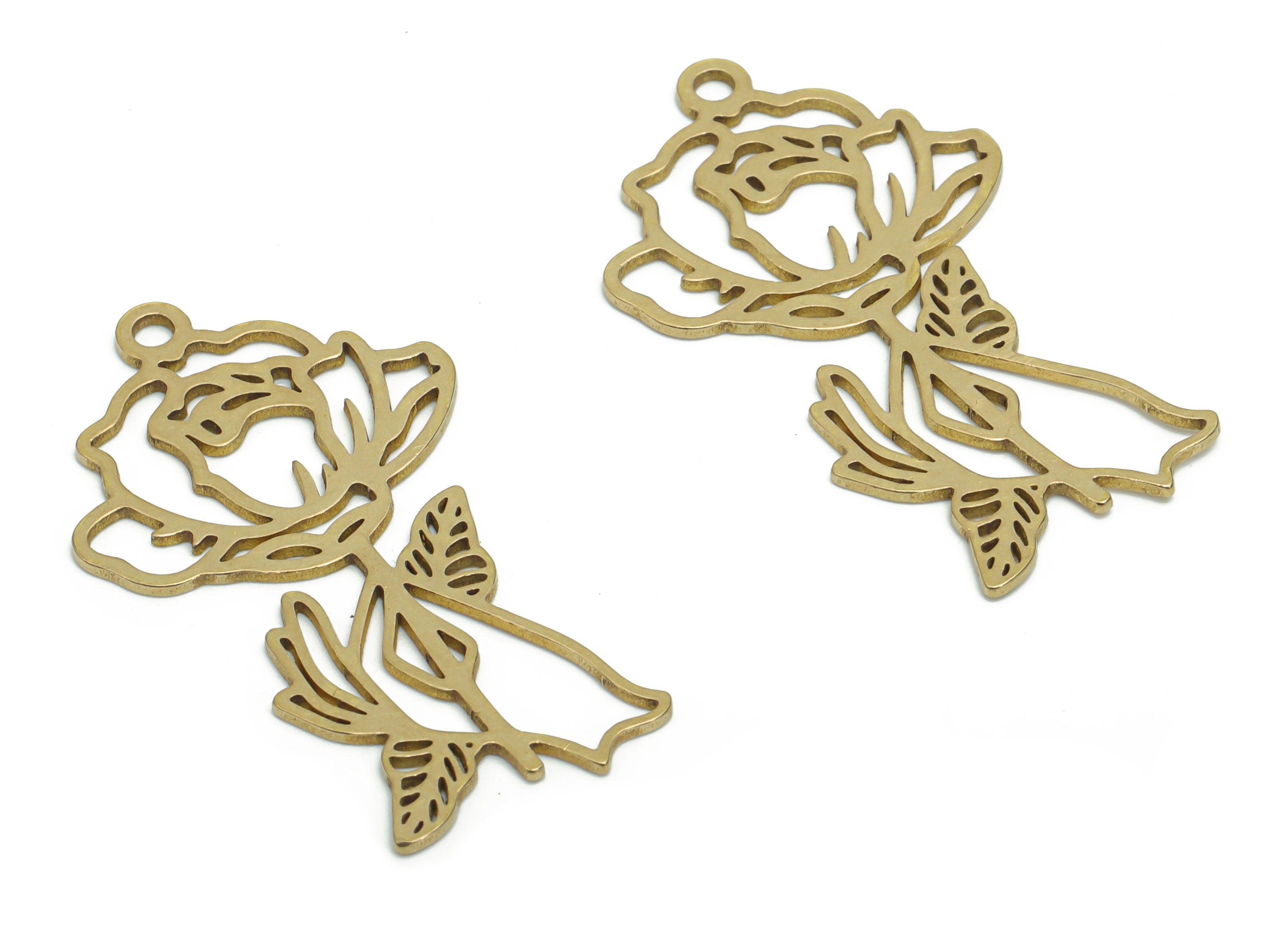 Brass Rose Flower Earring Charms - Raw Brass Flower Pendant - DIY Jewelry Making Supplies - 37.74x21.88x0.78mm - PPZ0012 - DOMEDBAZAAR