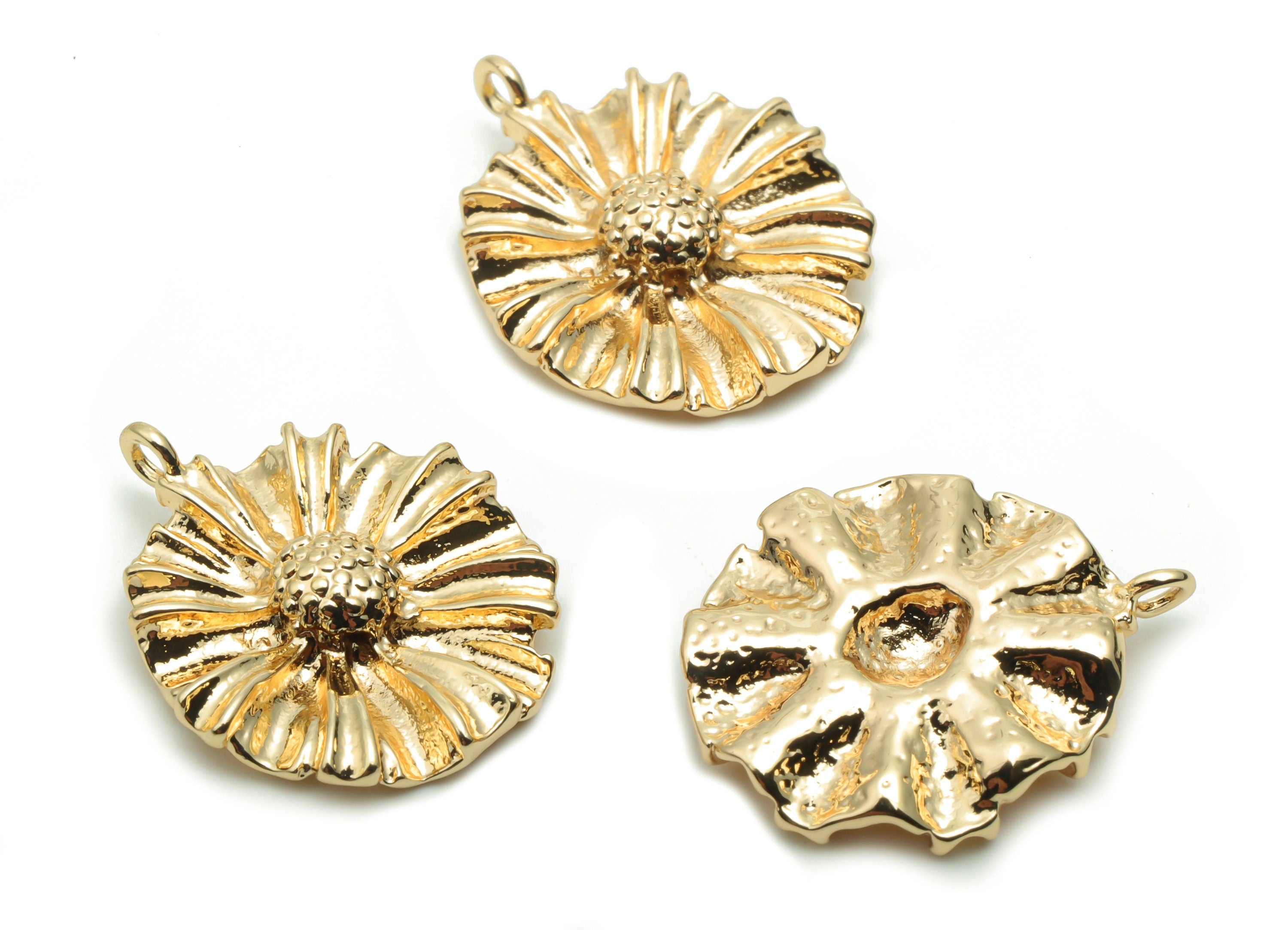 Brass Hammered Sunflower Earring Charms - Gold Flower Pendant - 18K Real Gold Plated Brass - Jewelry Supplies - 20.25x16.15x3.86mm - RGP4239 - DOMEDBAZAAR