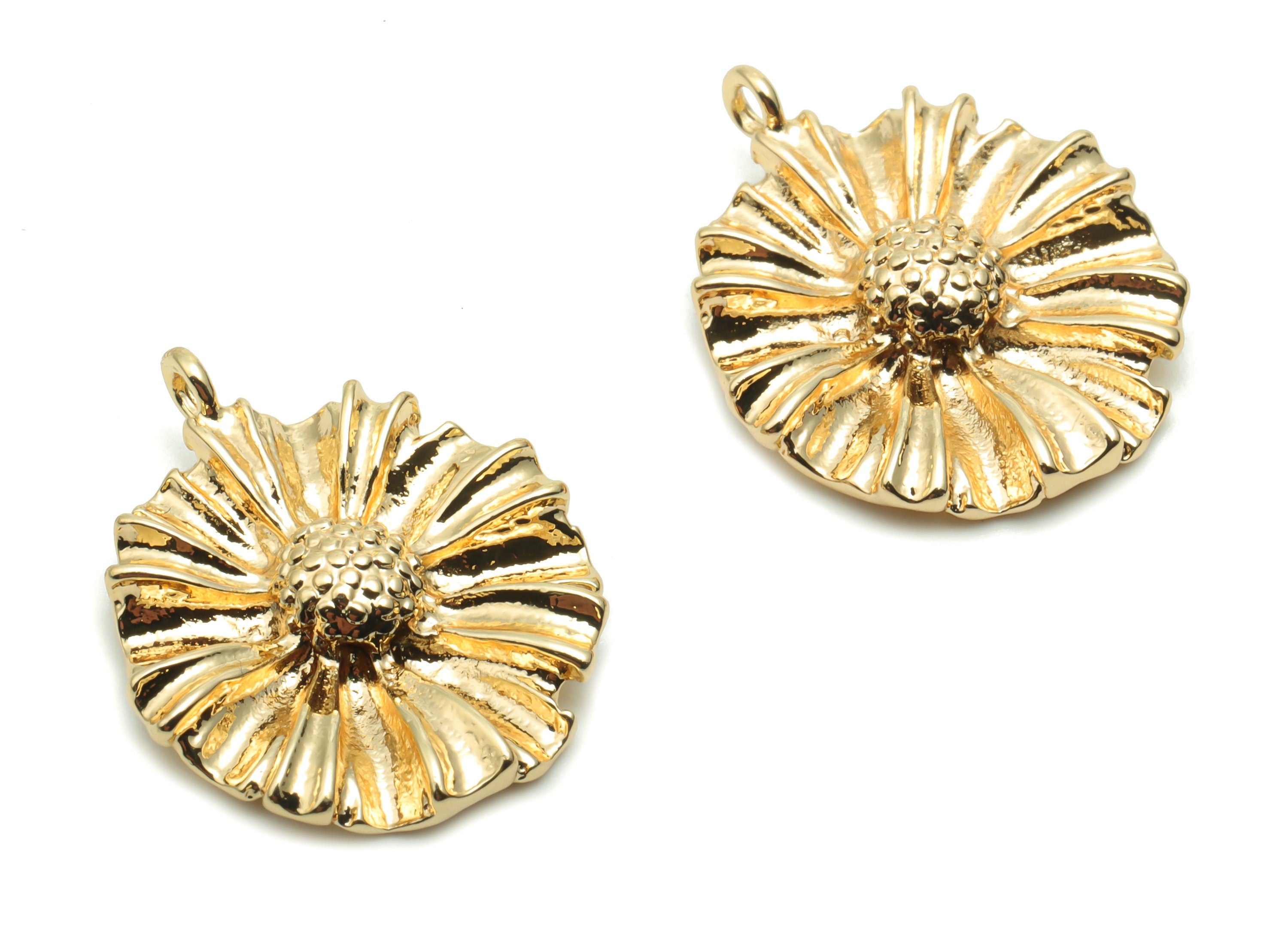Brass Hammered Sunflower Earring Charms - Gold Flower Pendant - 18K Real Gold Plated Brass - Jewelry Supplies - 20.25x16.15x3.86mm - RGP4239 - DOMEDBAZAAR