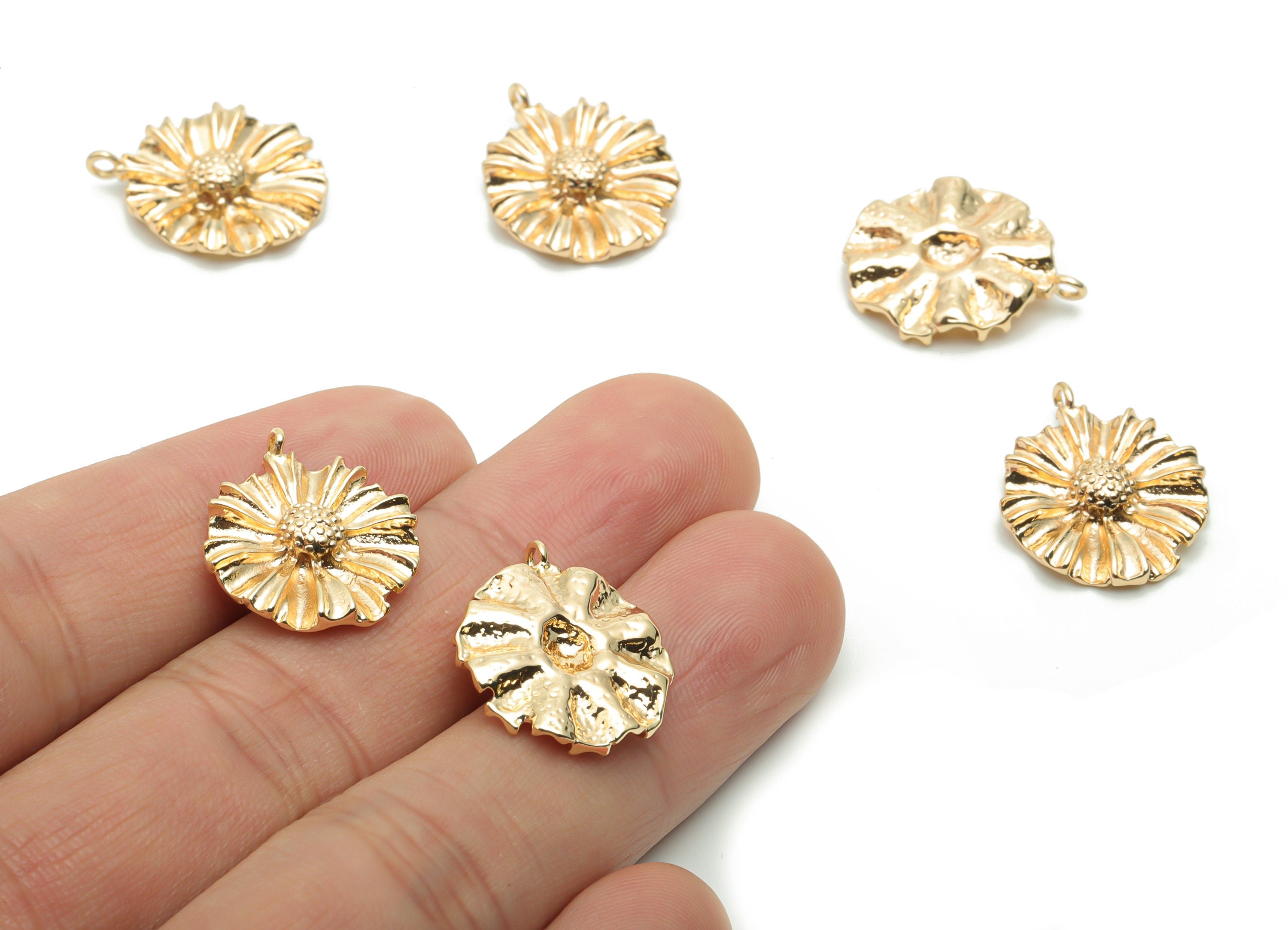 Brass Hammered Sunflower Earring Charms - Gold Flower Pendant - 18K Real Gold Plated Brass - Jewelry Supplies - 20.25x16.15x3.86mm - RGP4239 - DOMEDBAZAAR