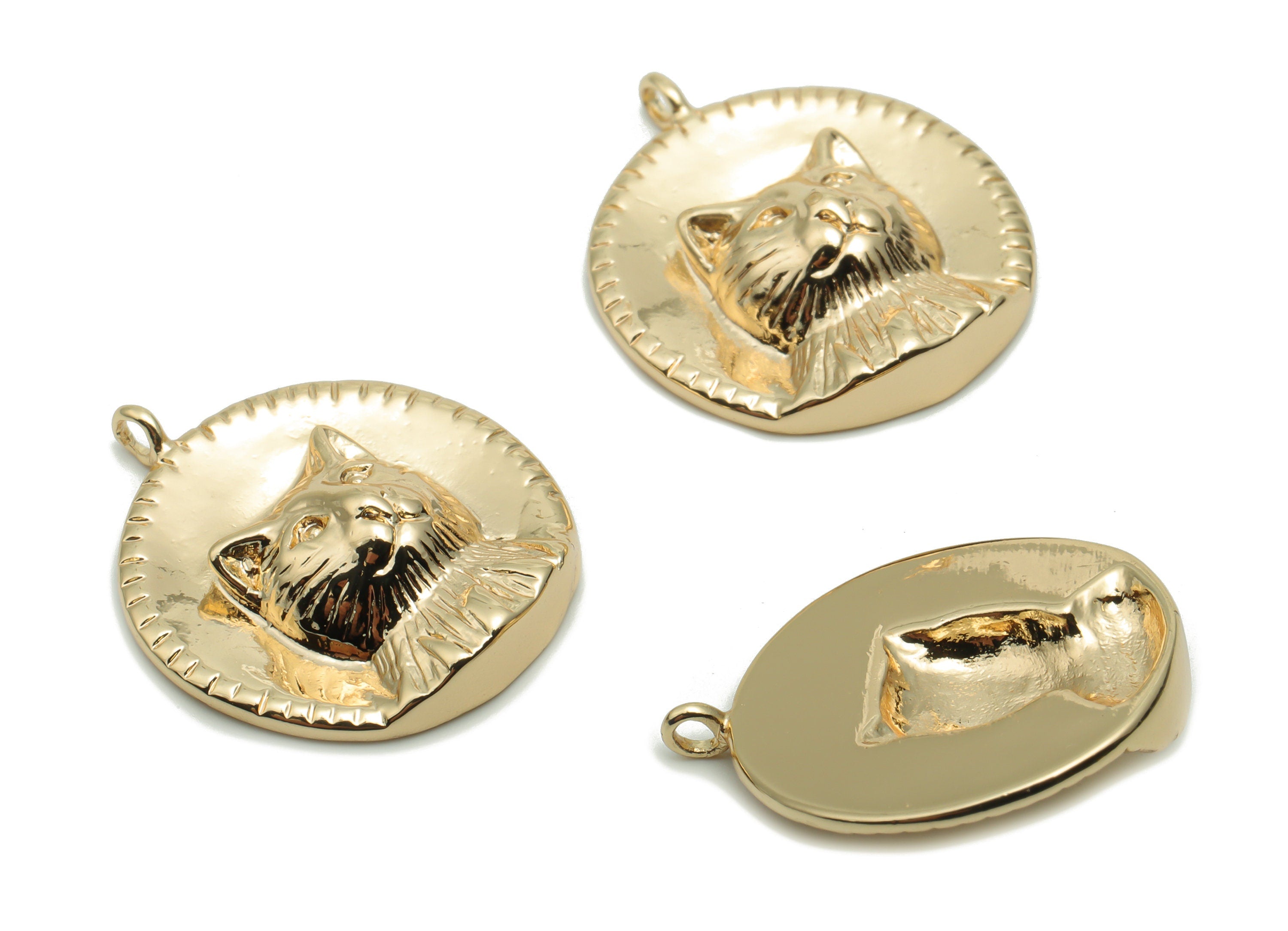 Brass Round Cat Earring Charms - Gold Cat Relief Pendant - 18K Real Gold Plated Brass - Jewelry Supplies - 22.39x19.33x5.22mm - RGP4212 - DOMEDBAZAAR