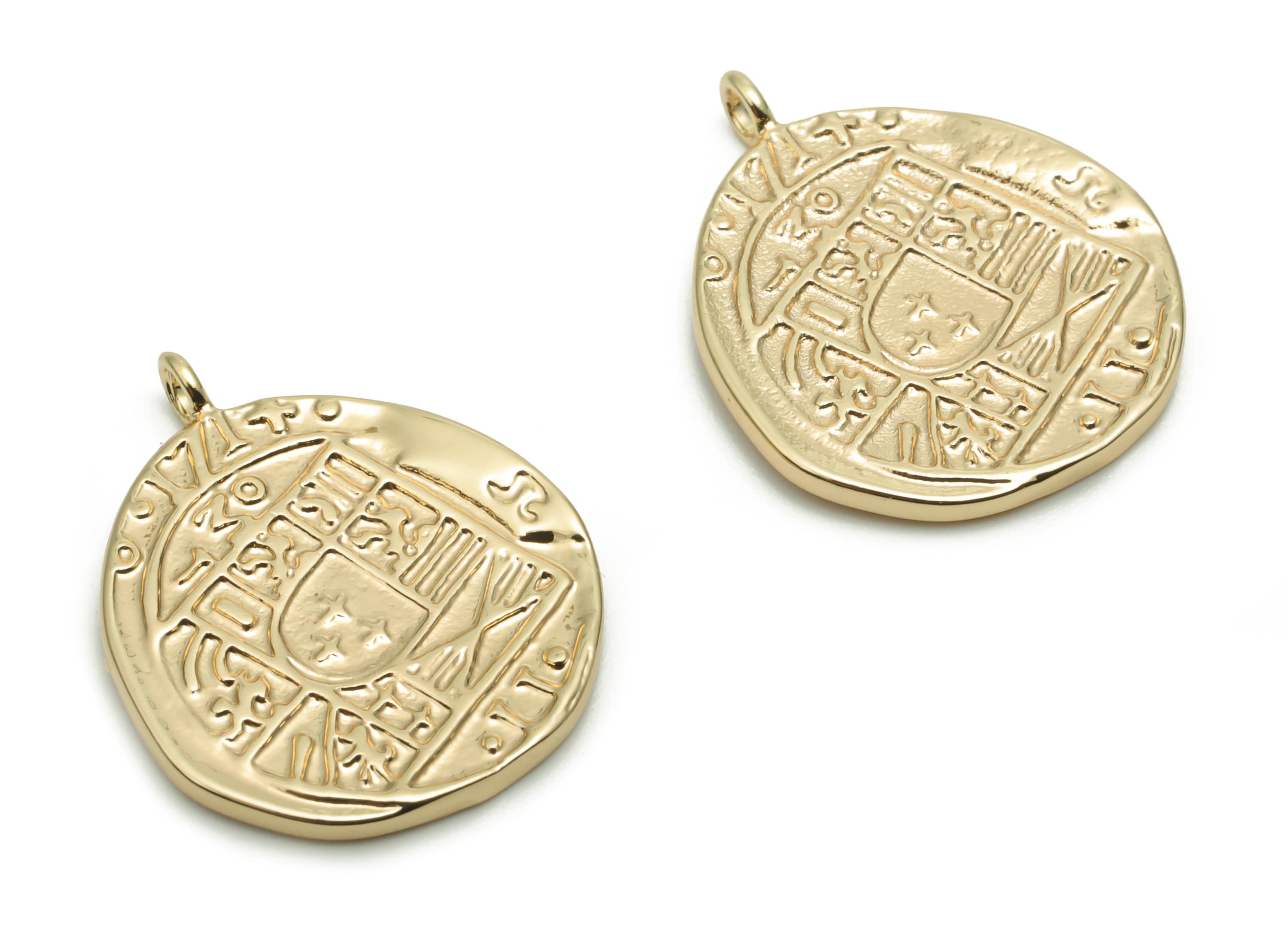 Brass Oval Look Old Medallion Earring Charms - Gold Look Old Coin Pendant - 18K Real Gold Plated Brass - 21.6x17.73x1.48mm - RGP4251 - DOMEDBAZAAR