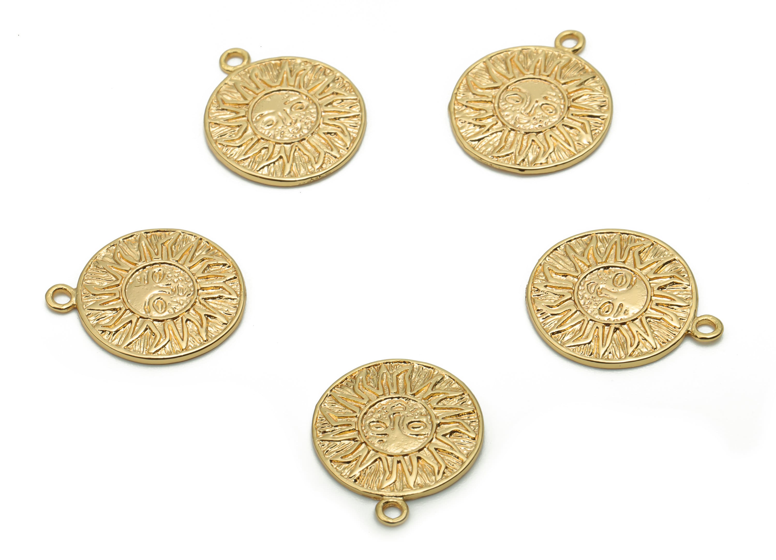 Brass Round Sun Smiley Earring Charms - Gold Sun Smiley Circle Pendant - 18K Real Gold Plated Brass - 17.29x14.46x1.16mm - RGP4229 - DOMEDBAZAAR