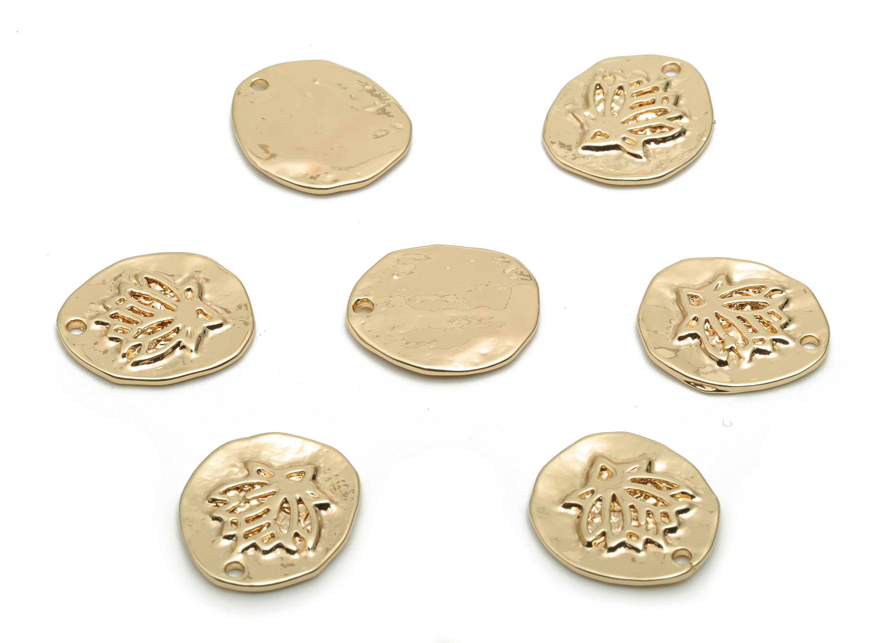 Brass Mini Round Lotus Earring Charms - Gold Lotus Engraved Pendant - 18K Real Gold Plated Brass - Jewelry Supplies - 15.5x13x1.5mm -RGP4263 - DOMEDBAZAAR