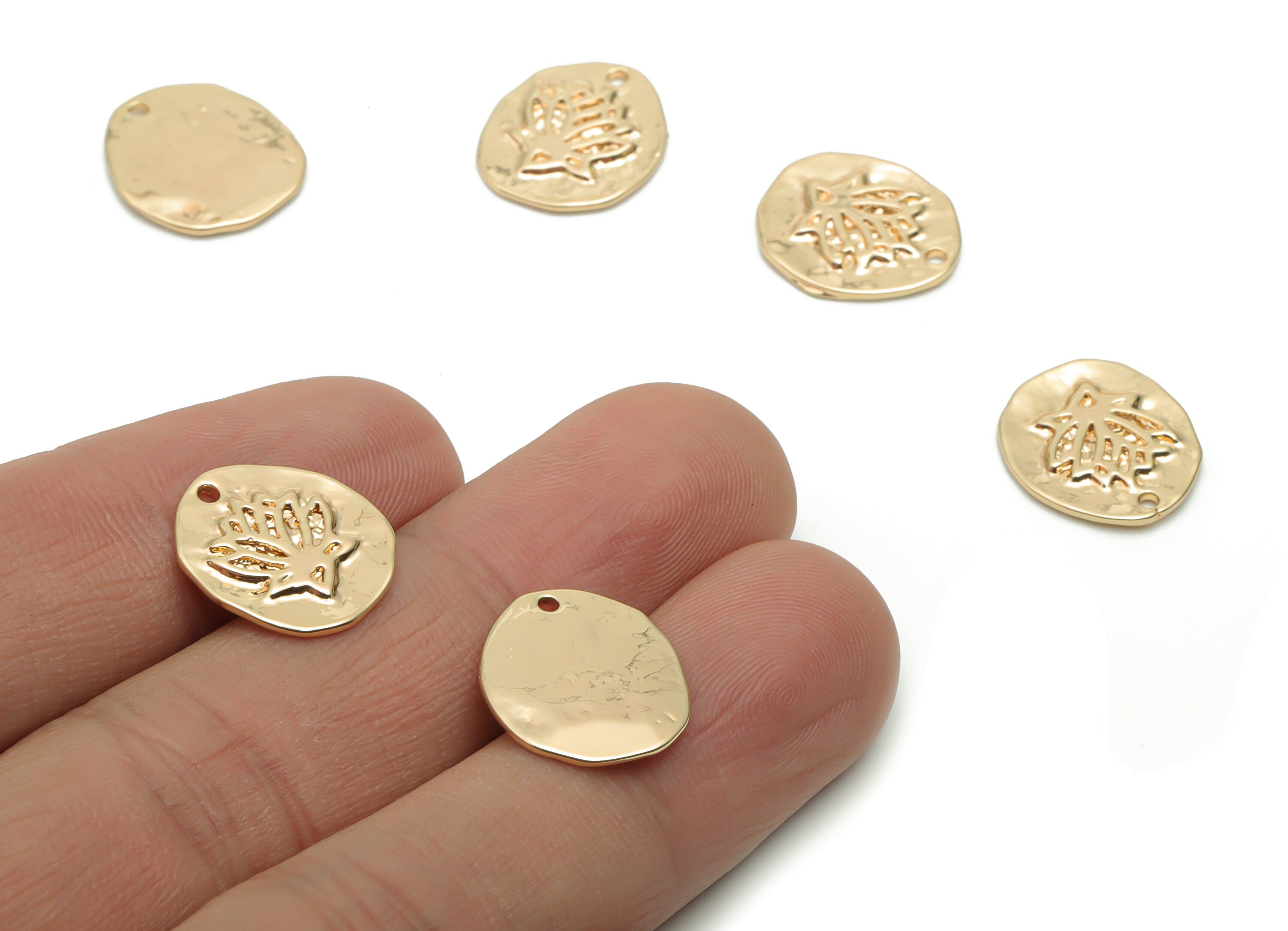 Brass Mini Round Lotus Earring Charms - Gold Lotus Engraved Pendant - 18K Real Gold Plated Brass - Jewelry Supplies - 15.5x13x1.5mm -RGP4263 - DOMEDBAZAAR