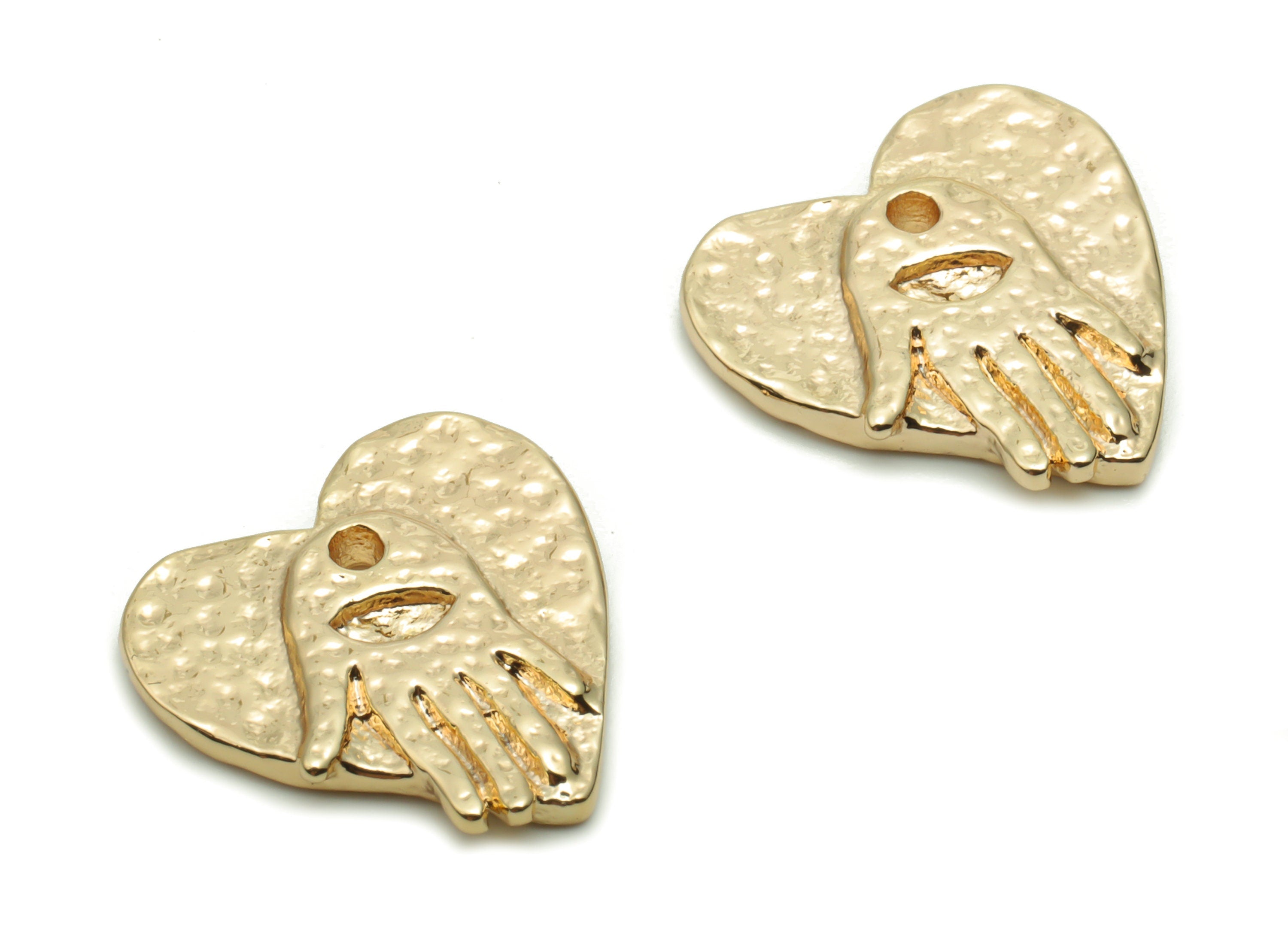 Brass Hammered Hand Heart Earring Charms - Gold Heart Hand Pendant - 18K Real Gold Plated Brass - Jewelry Supplies - 14.8x14.5x2.1mm-RGP4243 - DOMEDBAZAAR