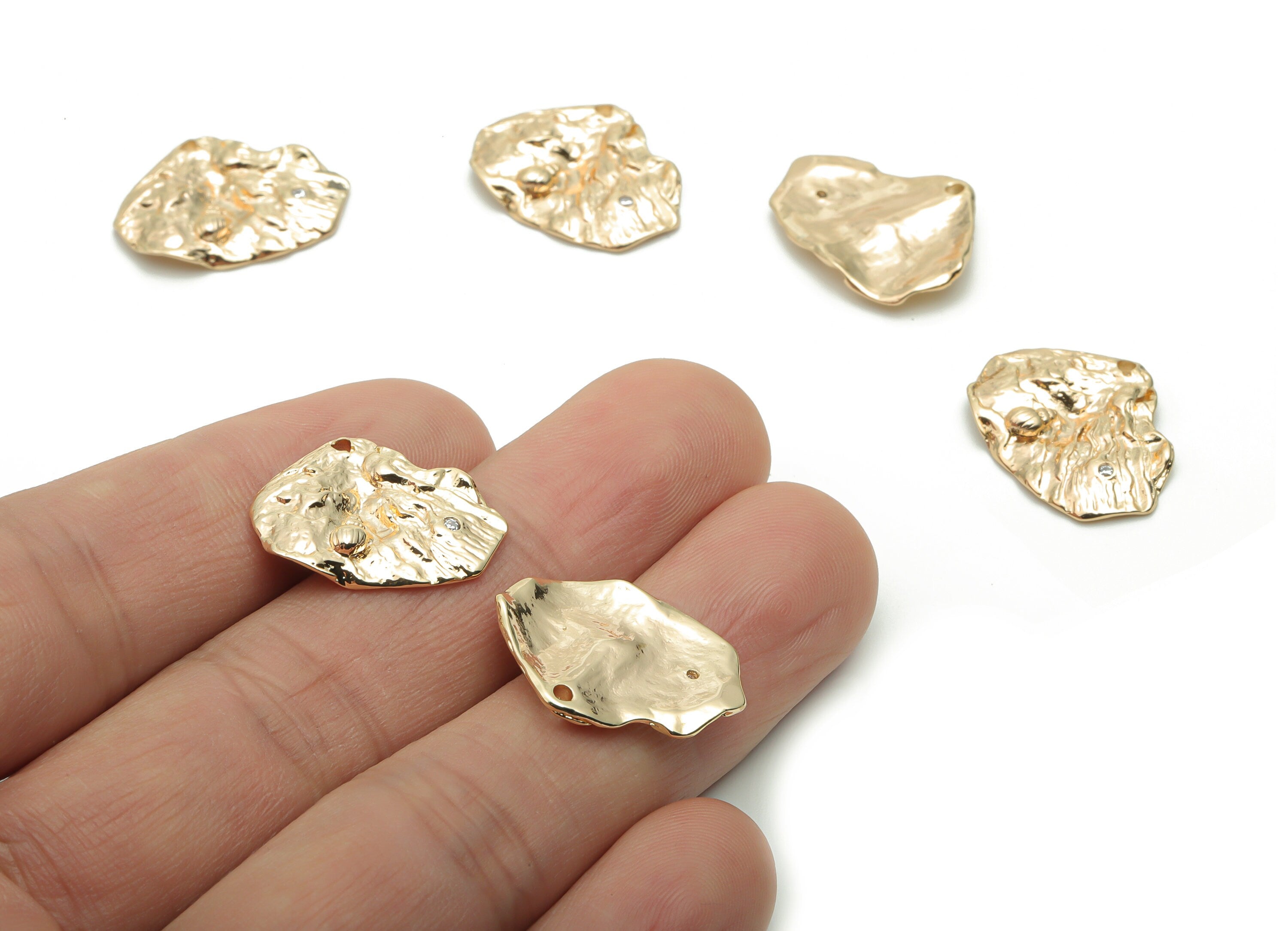 Brass Hammered Irregular Charms With Zircons - Gold Look Fassil Irregular Pendant - 18K Real Gold Plated Brass - 21.56x15.92x2.1mm - RGP4272 - DOMEDBAZAAR
