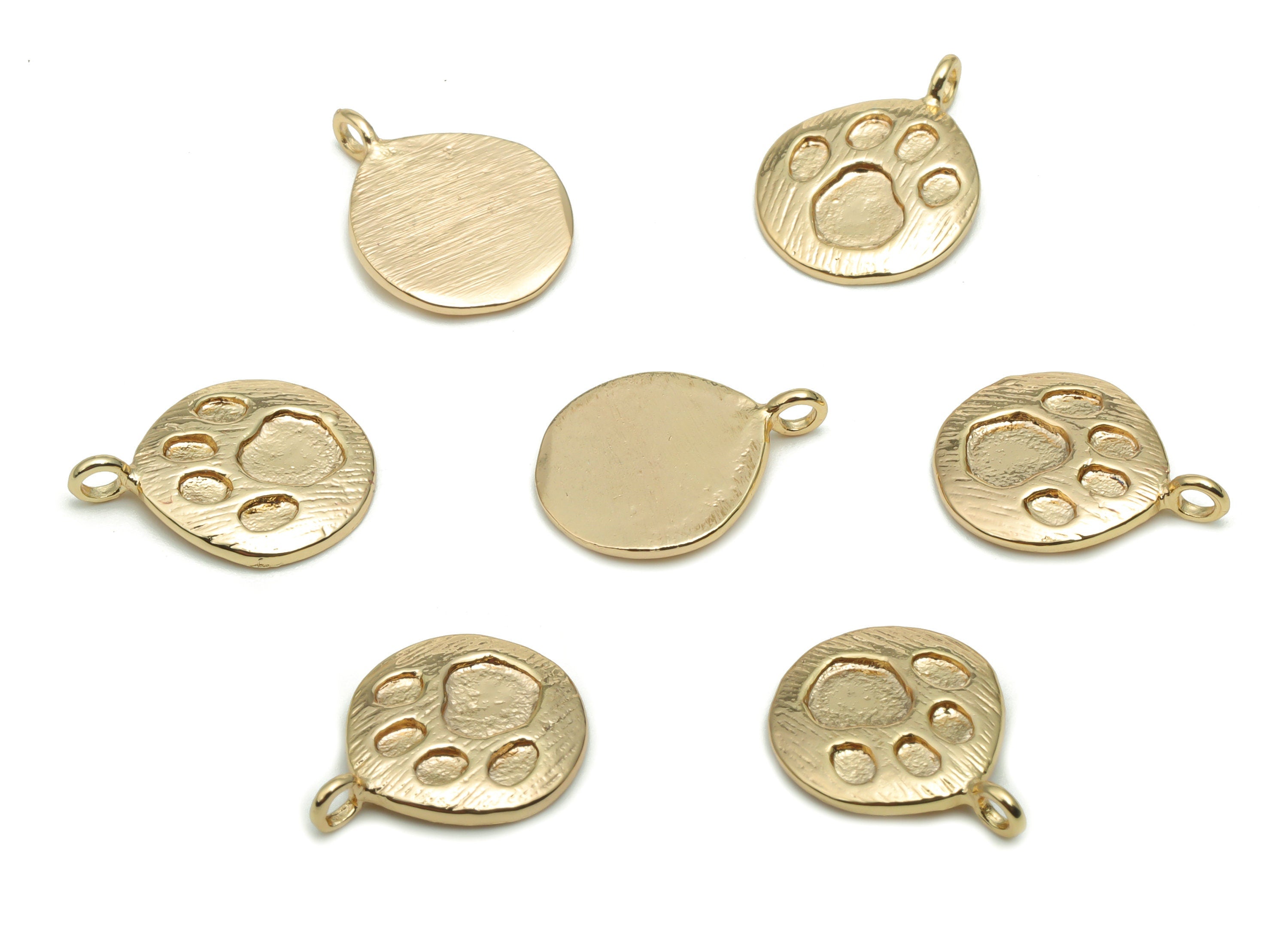 Brass Texture Round Footprint Earring Charms - Gold Bear Footprint Circle Pendant - 18K Real Gold Plated Brass - 14.65x11.12x1.5mm - RGP4287 - DOMEDBAZAAR