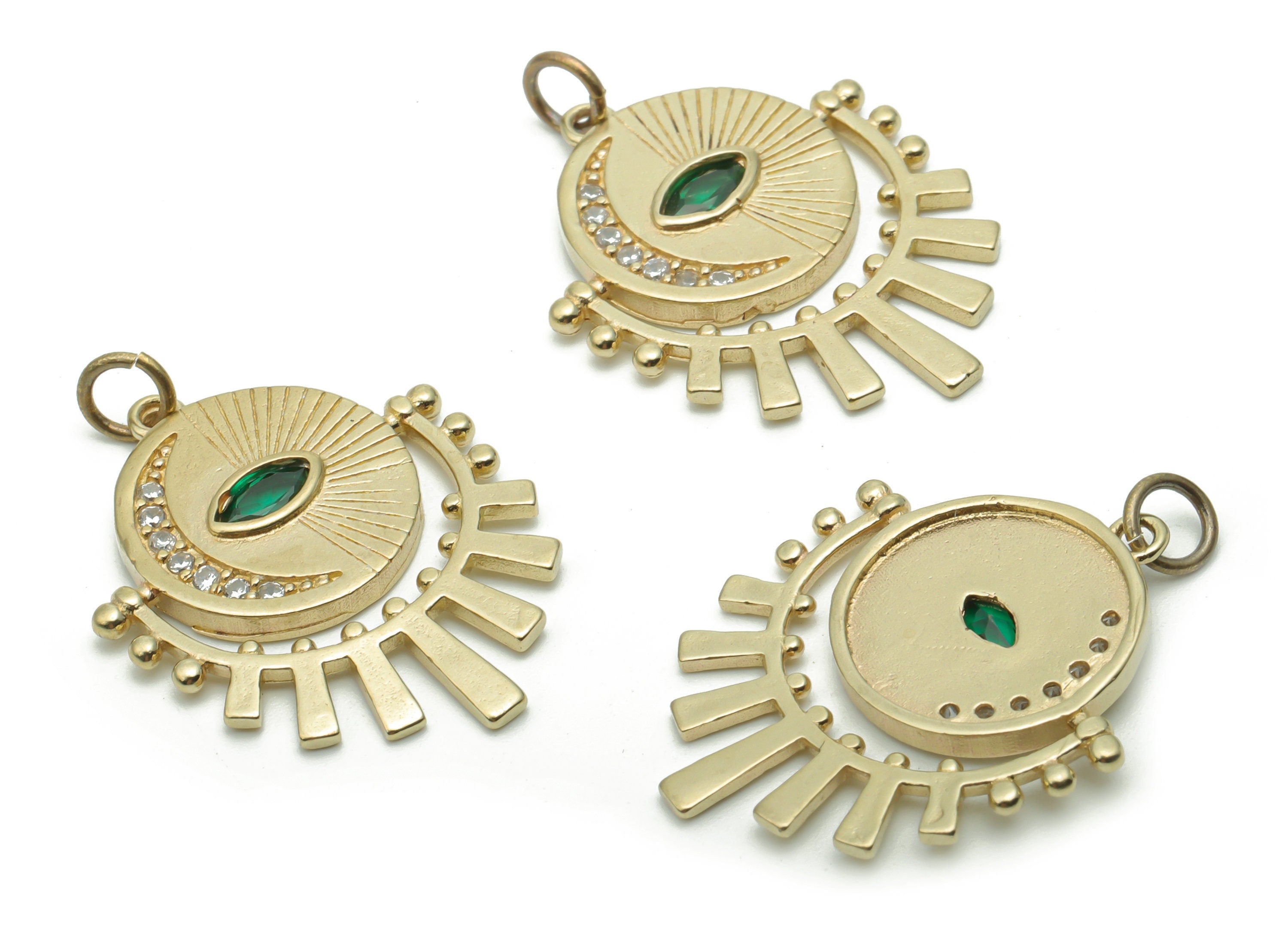 Brass Round Eye Moon Earring Charms With Zircons - Raw Brass Sun Crescent Circle Pendant - Jewelry Supplies - 27.53x21.86x2.29mm - PP5089 - DOMEDBAZAAR