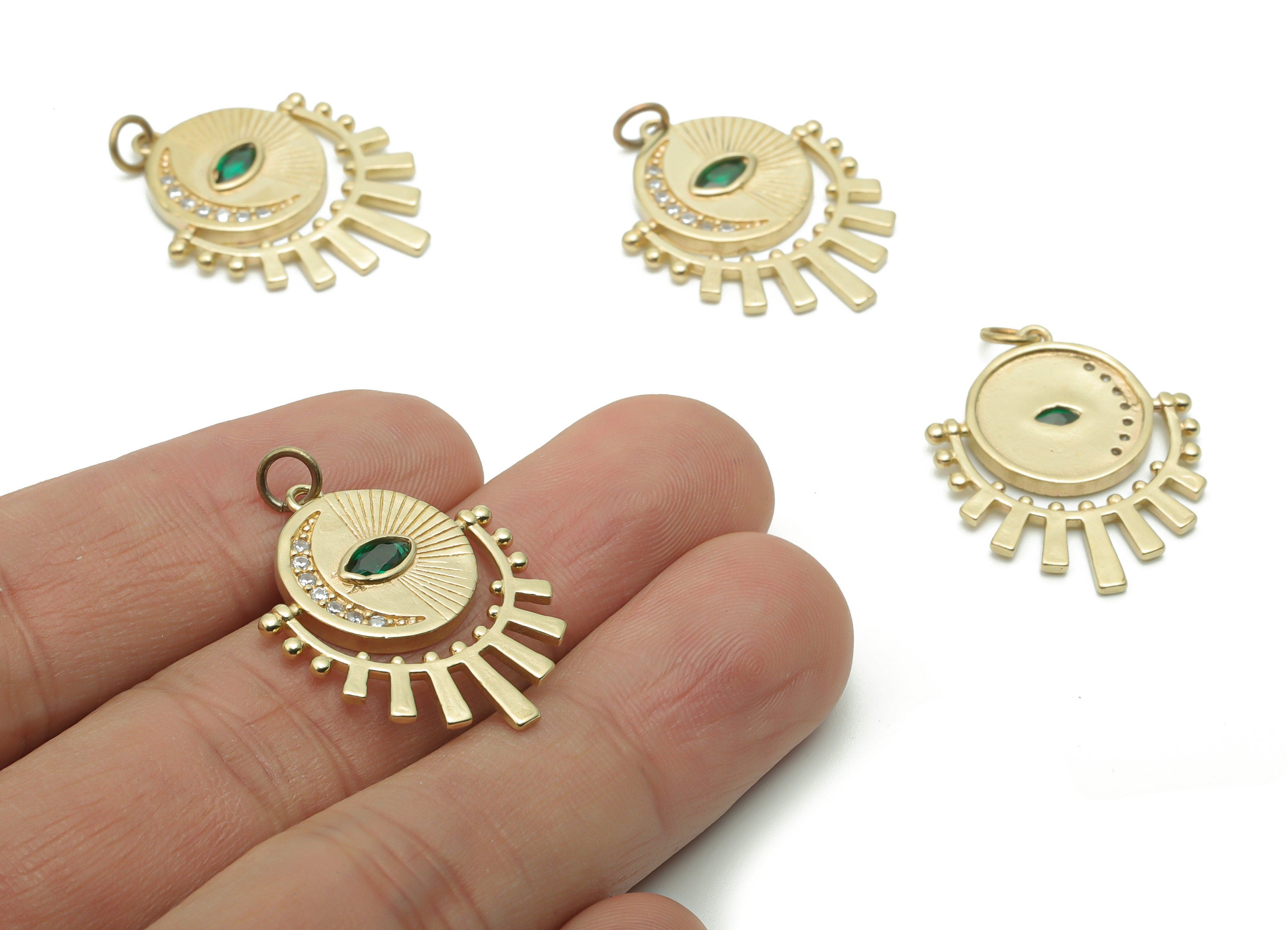 Brass Round Eye Moon Earring Charms With Zircons - Raw Brass Sun Crescent Circle Pendant - Jewelry Supplies - 27.53x21.86x2.29mm - PP5089 - DOMEDBAZAAR