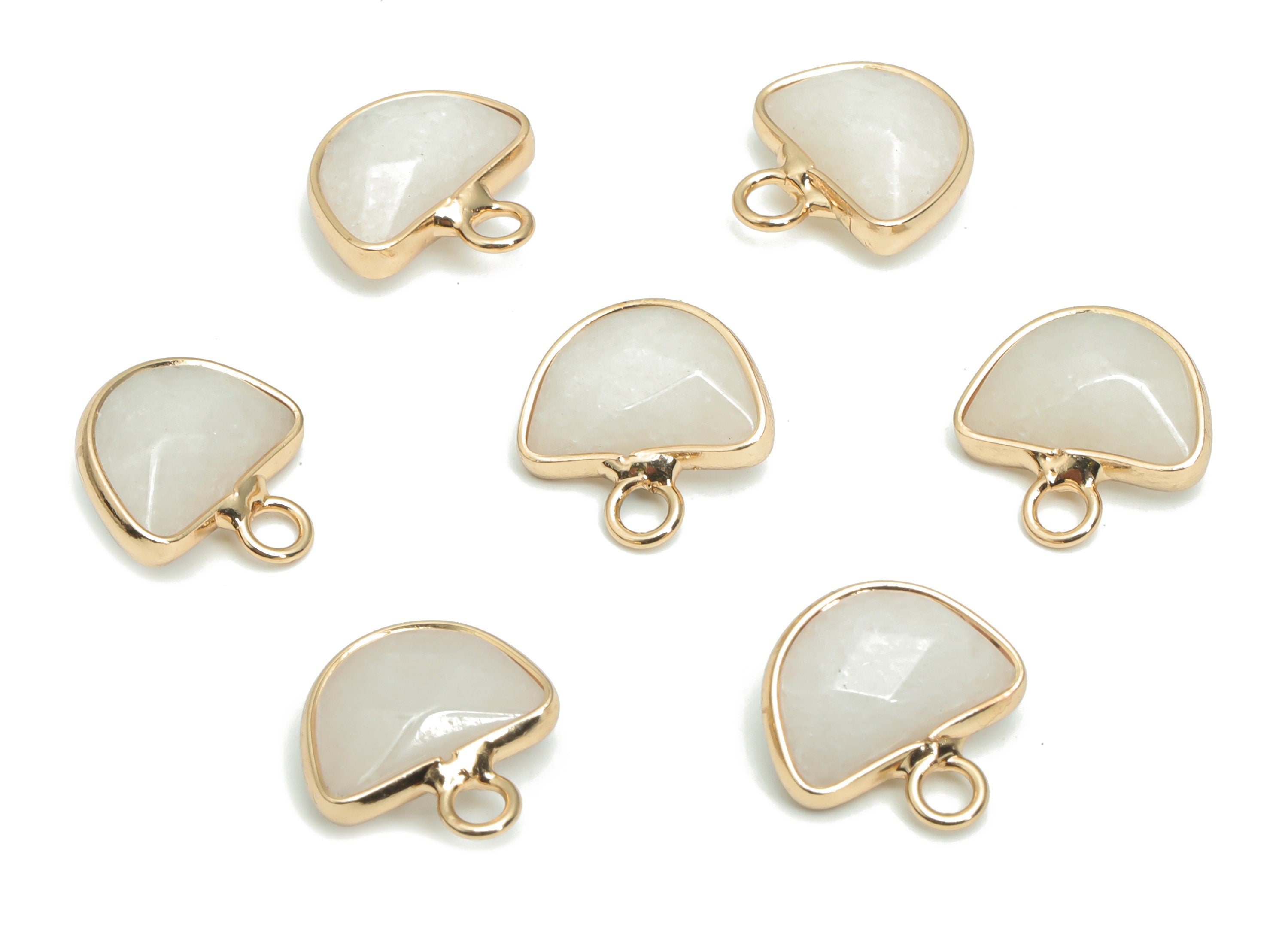 White Jade Domed Earring Charms - Brass Semicircle Pendant - Natural Stone - Gold Tone Plated Brass – 13.58x13.4x5.3mm – NS1605C - DOMEDBAZAAR
