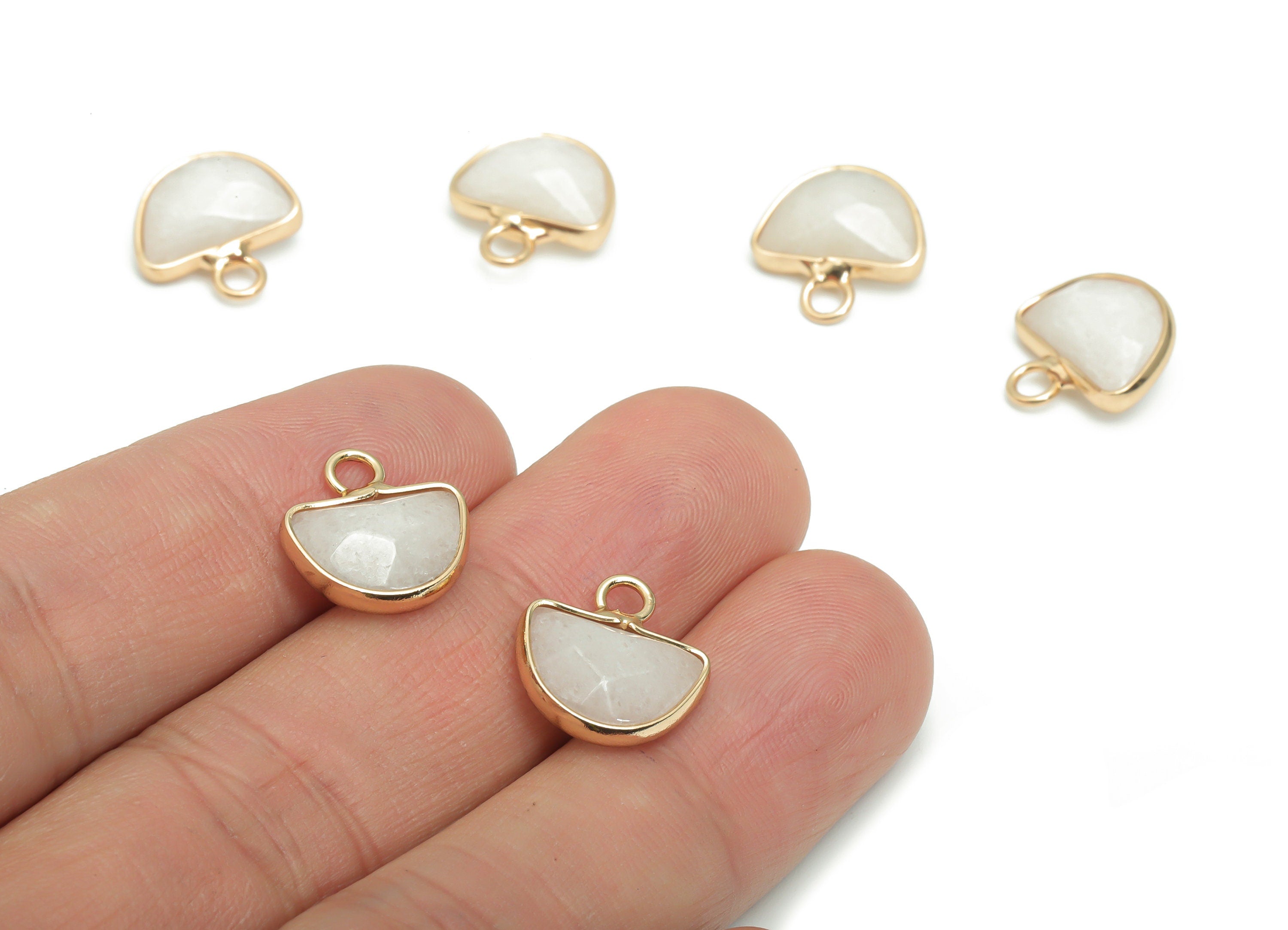 White Jade Domed Earring Charms - Brass Semicircle Pendant - Natural Stone - Gold Tone Plated Brass – 13.58x13.4x5.3mm – NS1605C - DOMEDBAZAAR