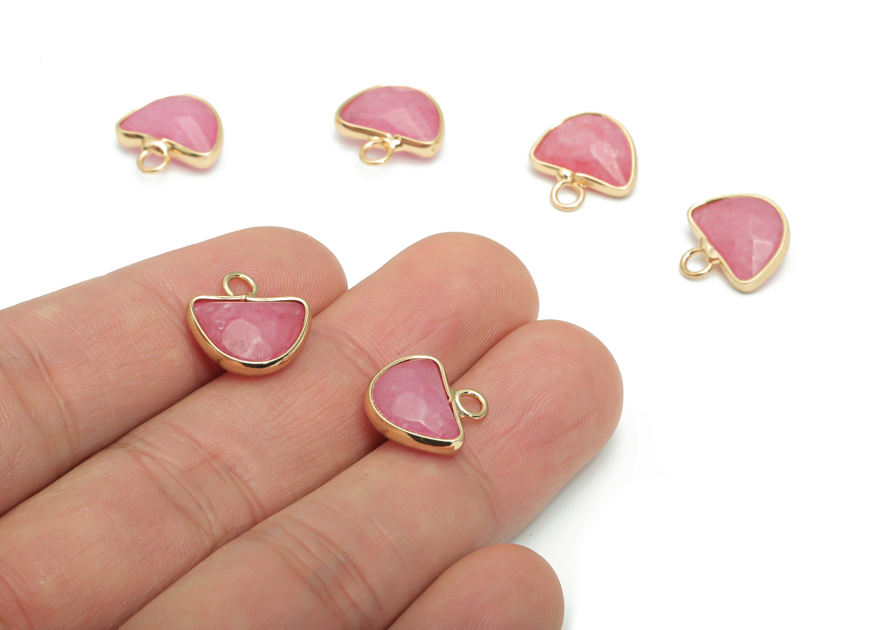 Pink Jade Domed Charms - Brass Semicircle Pendant - Natural Stone - Gold Tone Plated Brass – Jewelry Supplies - 13.58x13.4x5.3mm–NS1605A - DOMEDBAZAAR