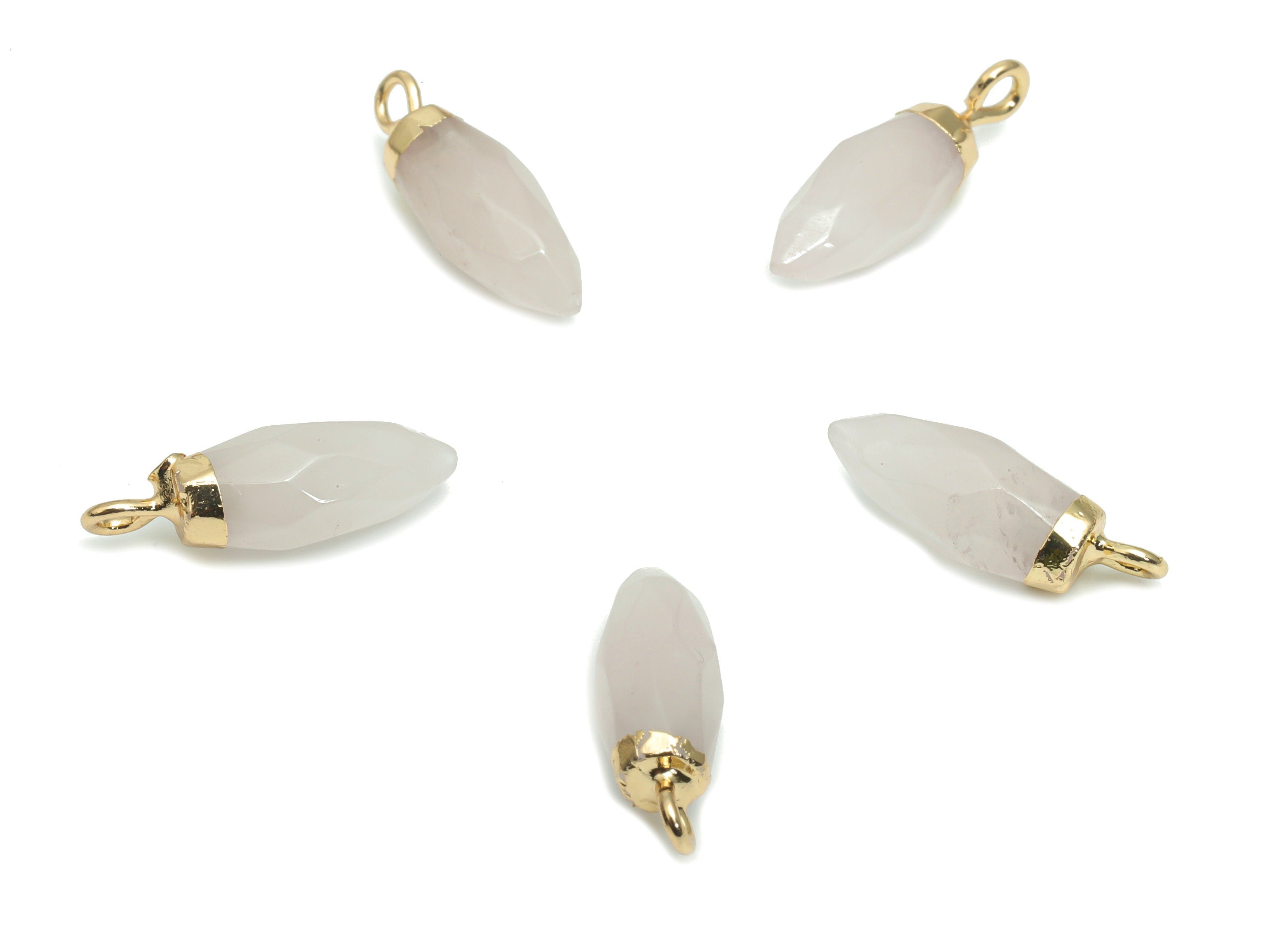 Rose Crystal Quartz Faceted Spike Earring Charms - Brass Stick Pendant - Natural Stone - Gold Tone Plated Brass – 19.56x5.98x6mm – NS1621C - DOMEDBAZAAR
