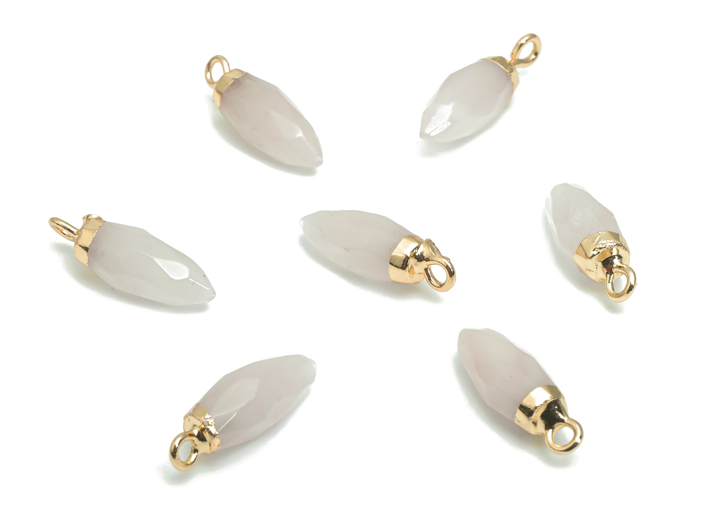 Rose Crystal Quartz Faceted Spike Earring Charms - Brass Stick Pendant - Natural Stone - Gold Tone Plated Brass – 19.56x5.98x6mm – NS1621C - DOMEDBAZAAR
