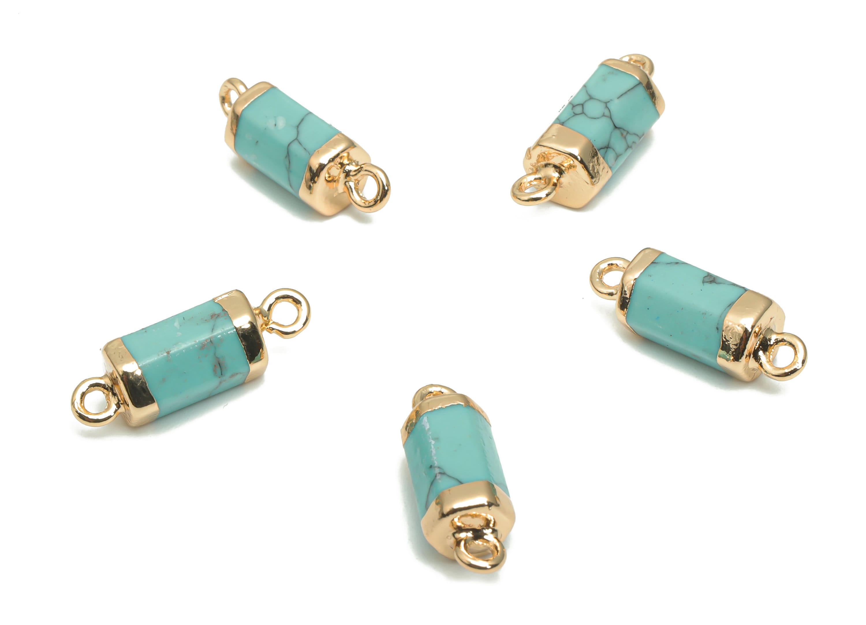 Blue Turquoise Cylinder Faceted Connector - Brass Stick Charms and Pendant - Natural Stone - Gold Tone Plated Brass – 19.9x6.3x6.3mm–NS1611B - DOMEDBAZAAR