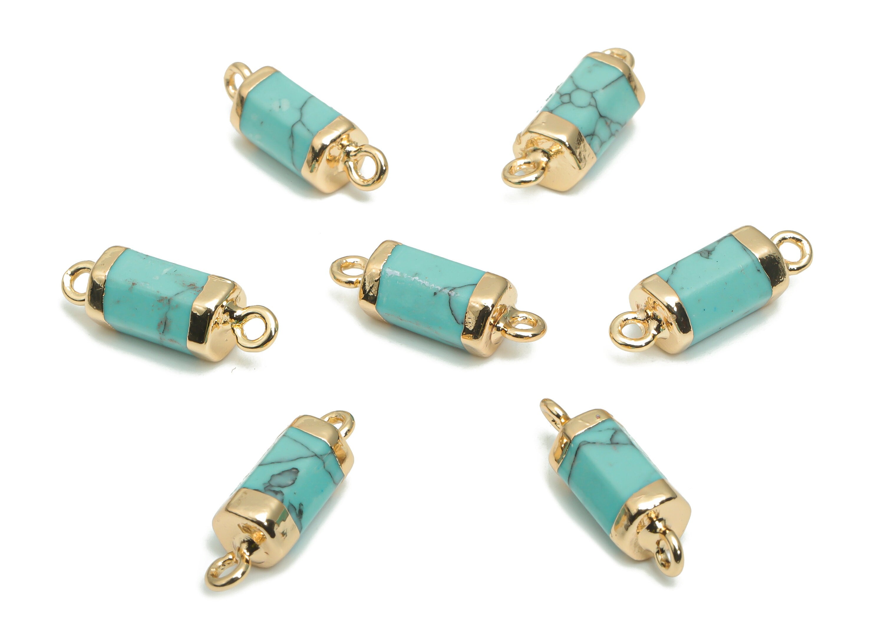 Blue Turquoise Cylinder Faceted Connector - Brass Stick Charms and Pendant - Natural Stone - Gold Tone Plated Brass – 19.9x6.3x6.3mm–NS1611B - DOMEDBAZAAR