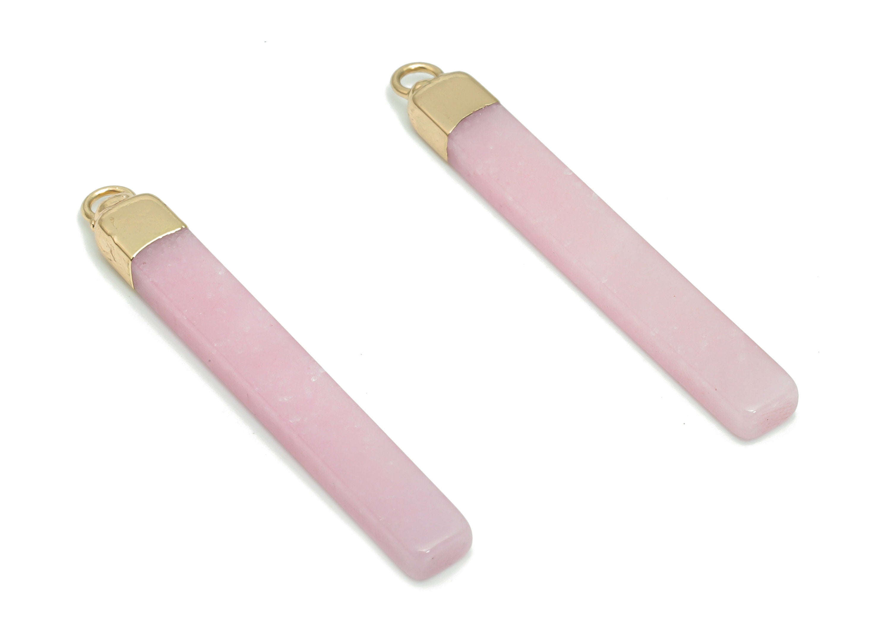 Rose Quartz Gemstone Pink Stick Charms - Brass Rectangle Bar Pendant - Natural Stone - Gold Tone Plated Brass – 44.37x5.5x3.3mm – NS1603D - DOMEDBAZAAR