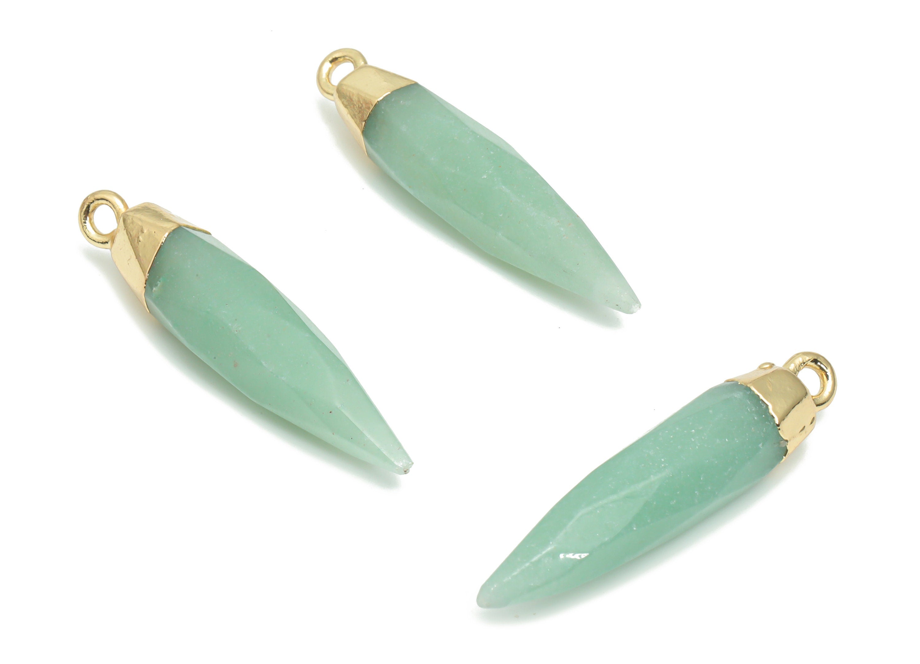 Aventurine Faceted Spike Earring Charms - Brass Stick Pendant - Natural Stone - Gold Tone Plated Brass – 31.06x6.71x6.51mm – NS1602 - DOMEDBAZAAR