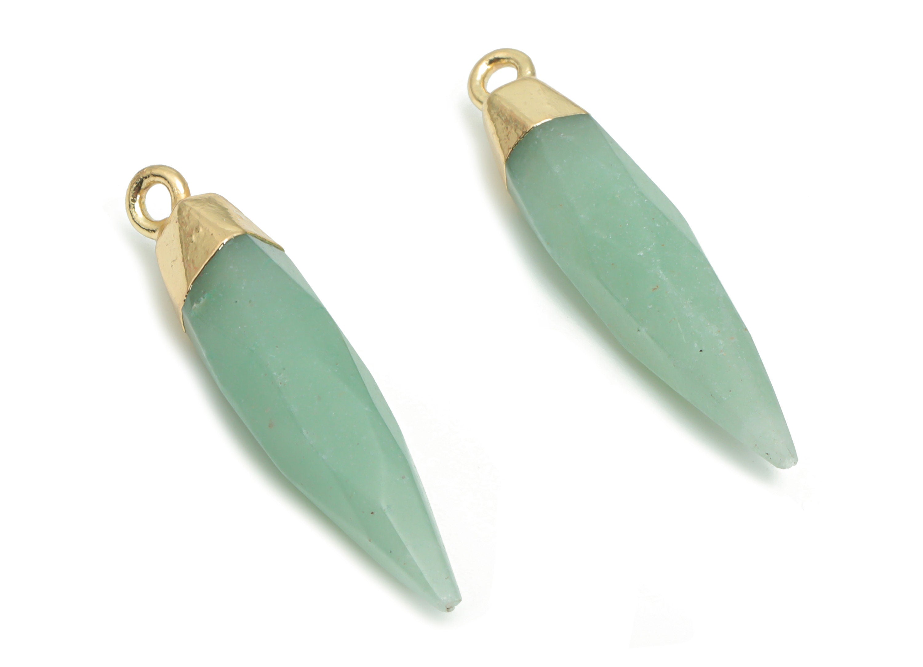 Aventurine Faceted Spike Earring Charms - Brass Stick Pendant - Natural Stone - Gold Tone Plated Brass – 31.06x6.71x6.51mm – NS1602 - DOMEDBAZAAR