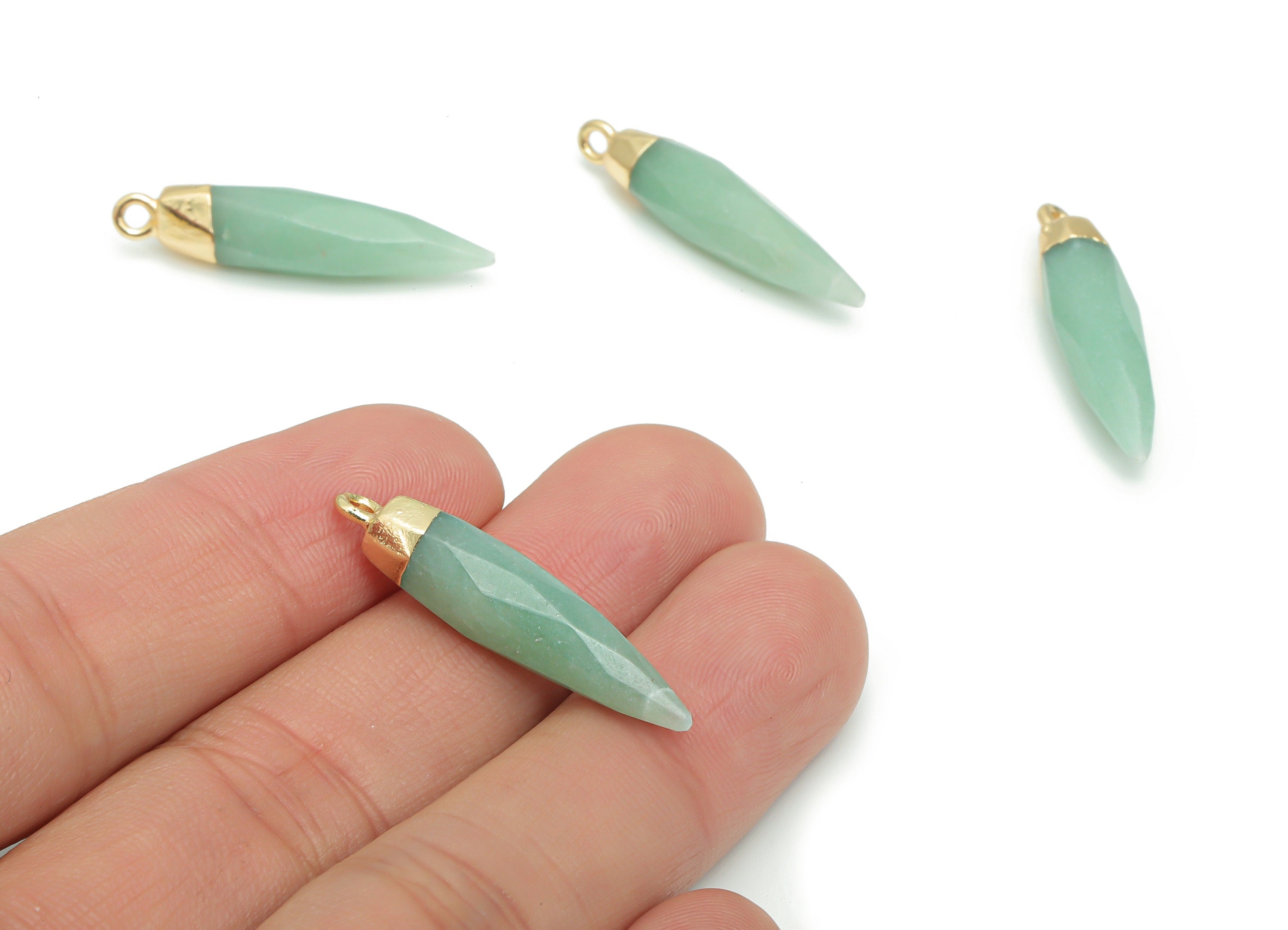 Aventurine Faceted Spike Earring Charms - Brass Stick Pendant - Natural Stone - Gold Tone Plated Brass – 31.06x6.71x6.51mm – NS1602 - DOMEDBAZAAR