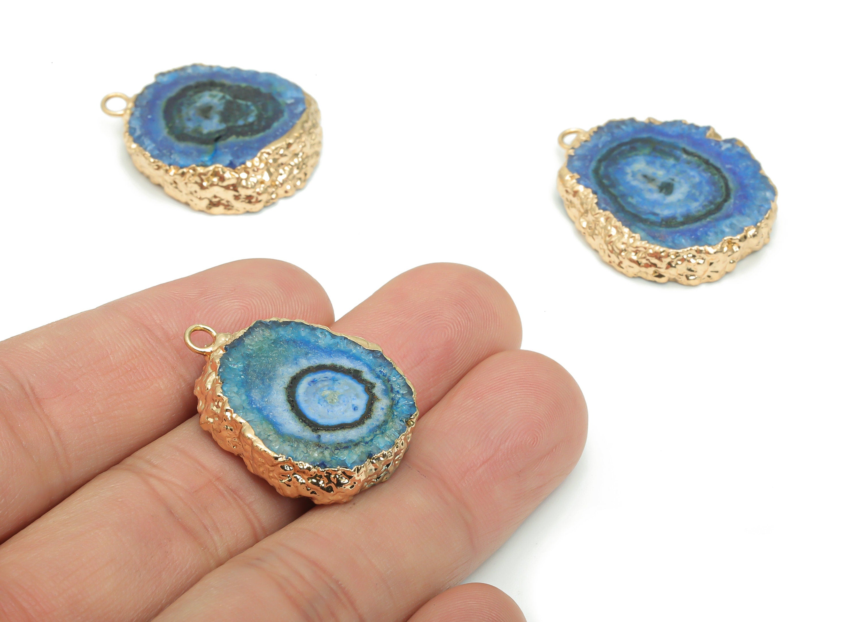 Blue Agate Flower Round Earring Charms - Brass Wire Circle Pendant - Natural Stone - Gold Tone Plated Brass – 28.02x23.6x6.25mm – NS1599E - DOMEDBAZAAR