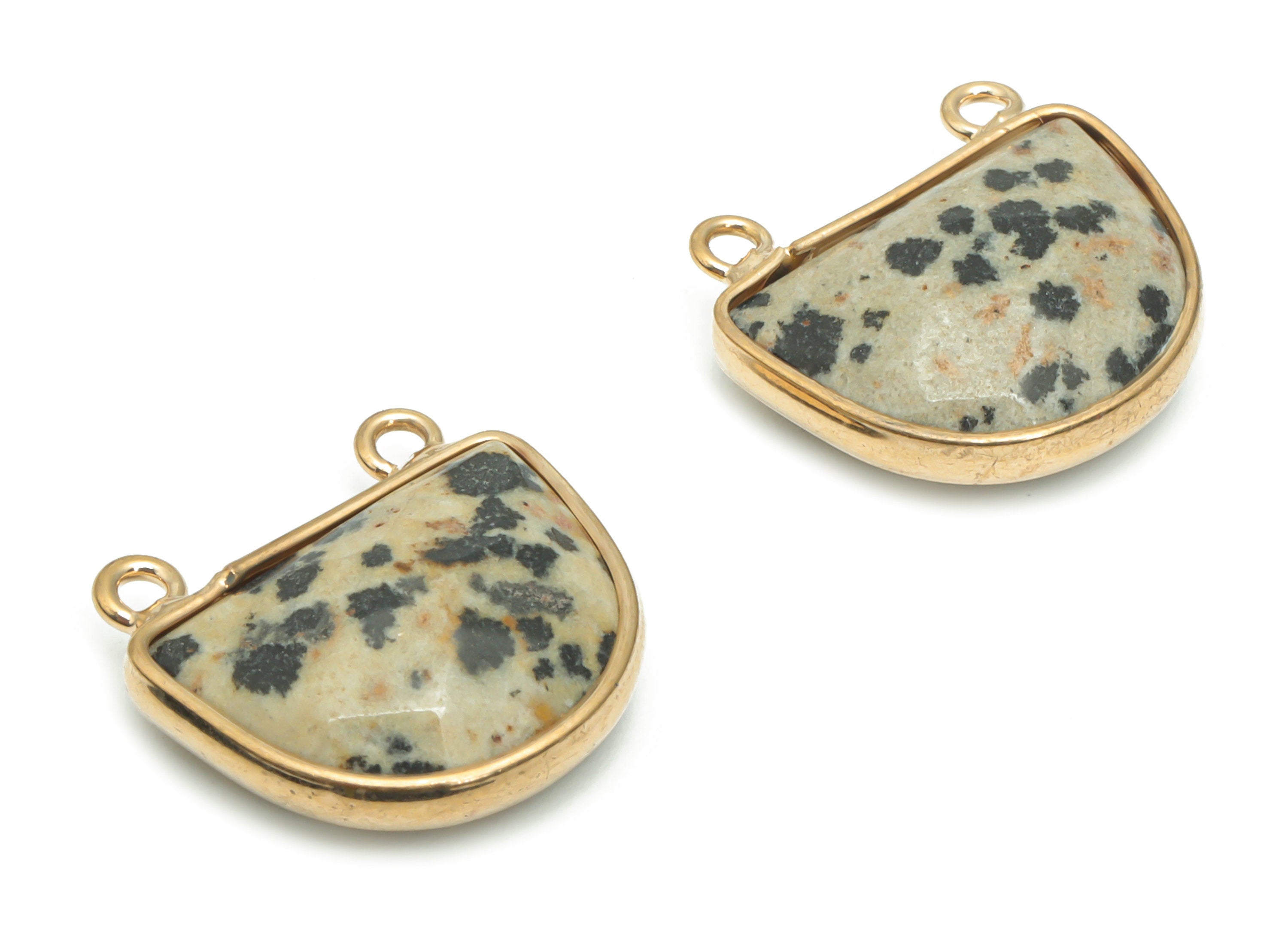 Dalmatian Jasper Stone Domed Connectors - Brass Semicircle Pendant - Natural Stone - Gold Tone Plated Brass – 17.62x16.62x6.36mm – NS1607D - DOMEDBAZAAR
