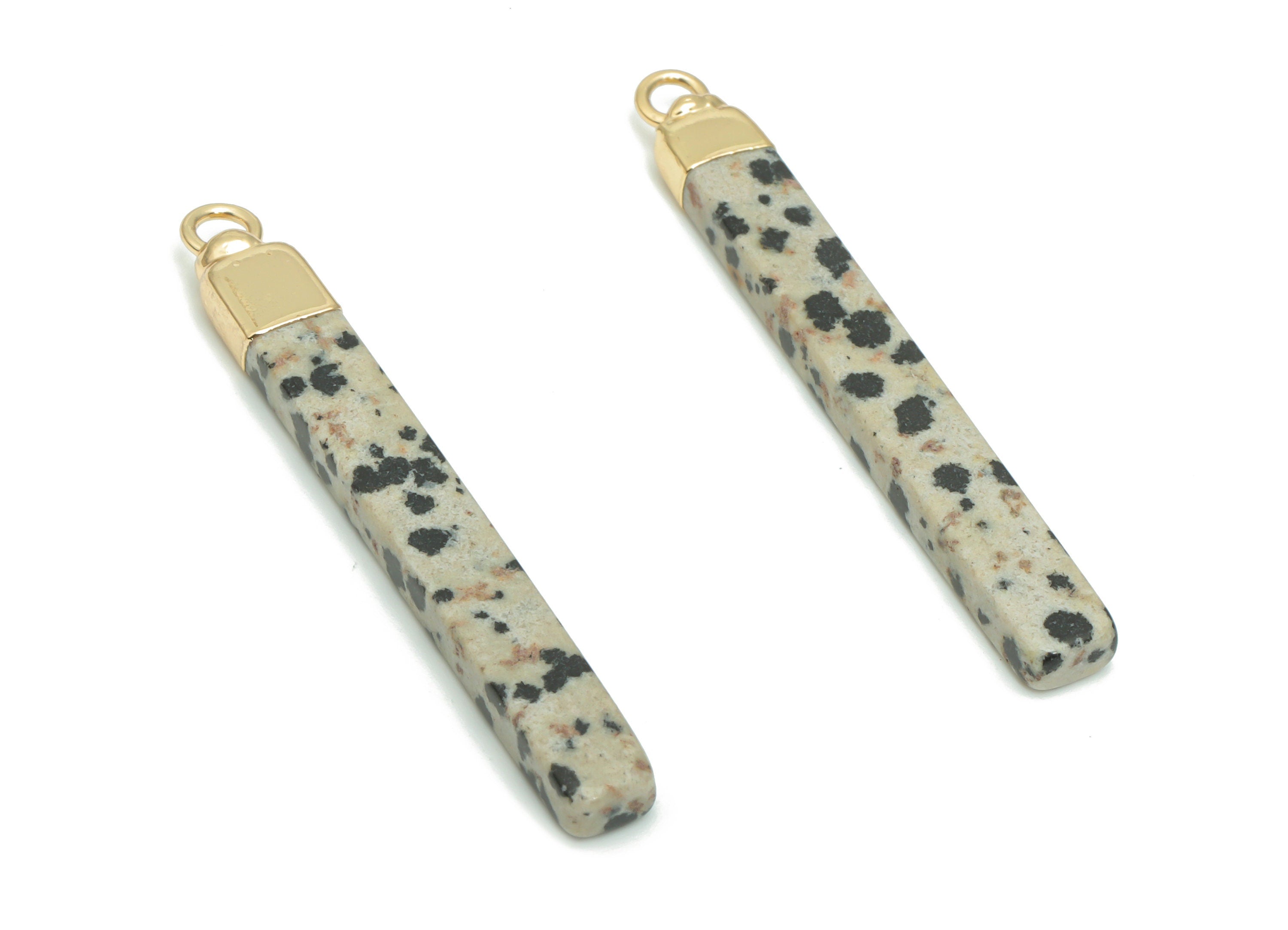 Dalmatian Jasper Stick Earring Charms - Brass Rectangle Bar Pendant - Natural Stone - Gold Tone Plated Brass – 44.92x5.57x3.35mm – NS1603B - DOMEDBAZAAR