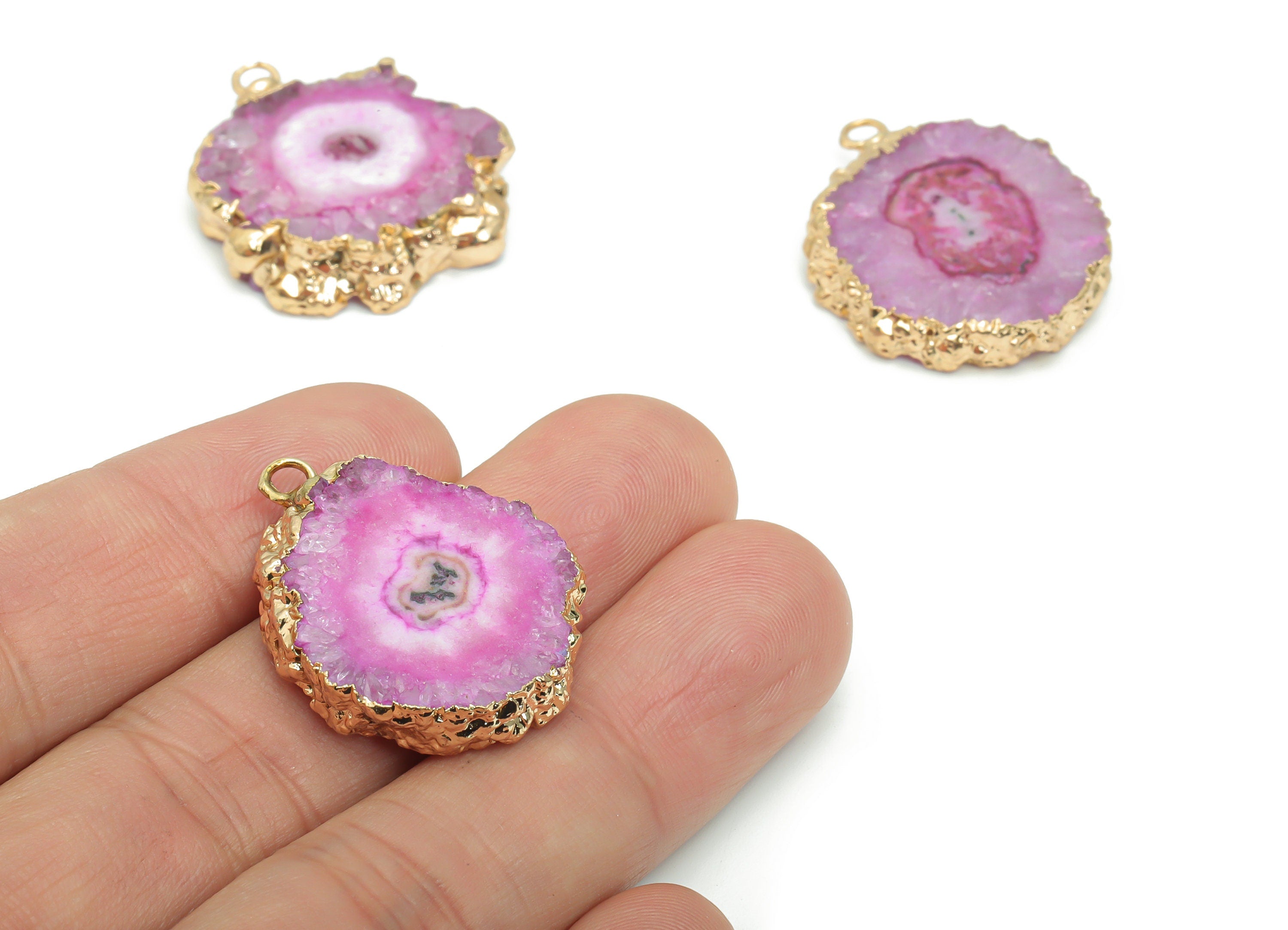 Crystal Flower Round Earring Charms - Brass Wire Circle Pendant - Natural Stone - Gold Tone Plated Brass – 31.67x24.05x5.49mm – NS1599C - DOMEDBAZAAR