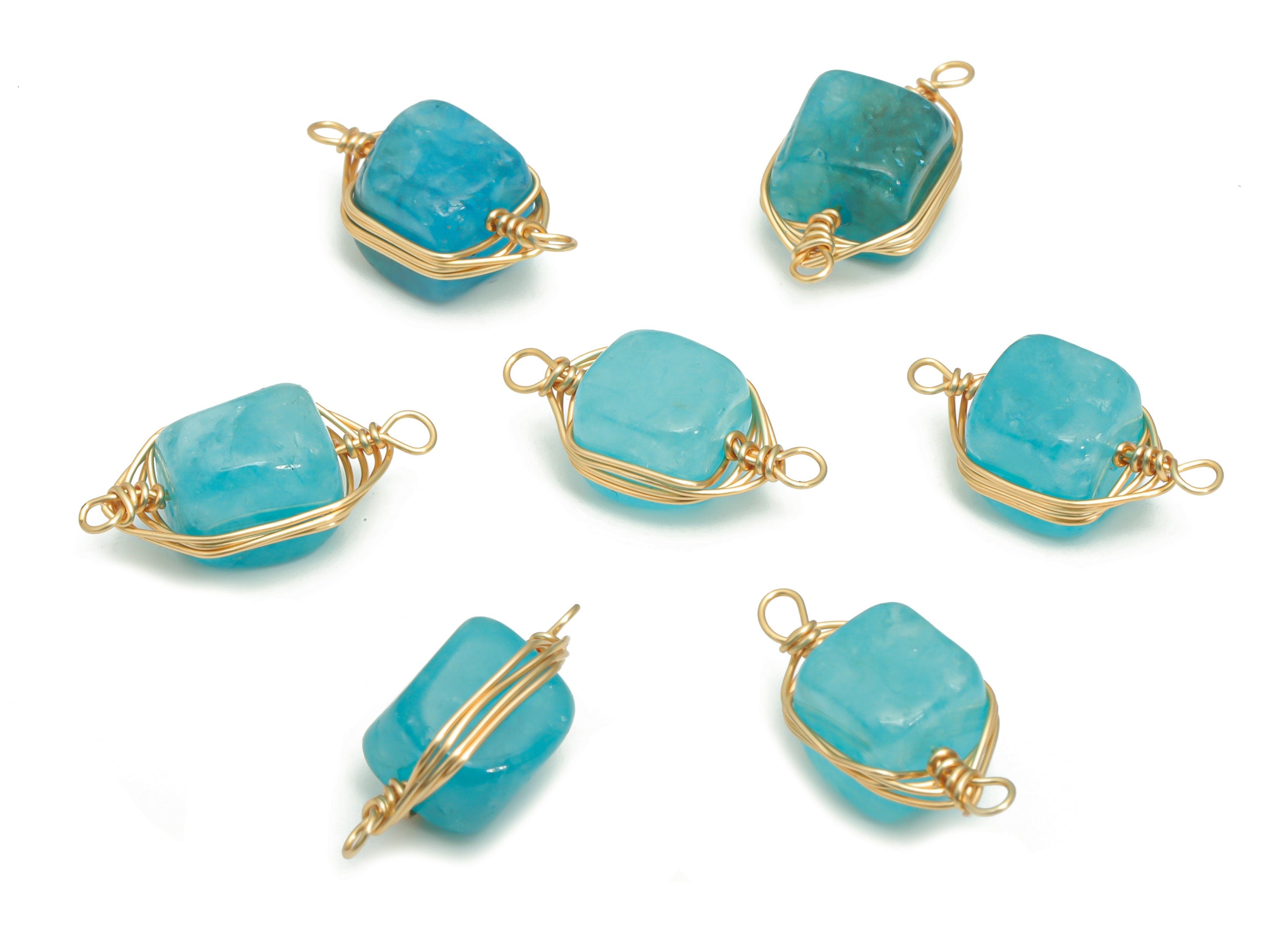 White Jade and Blue Earring Connector - Brass Square Charms - Brass Wire Wrapped -  Gold Tone Plated Brass – 18.32x7.8x7mm – NS1613C - DOMEDBAZAAR
