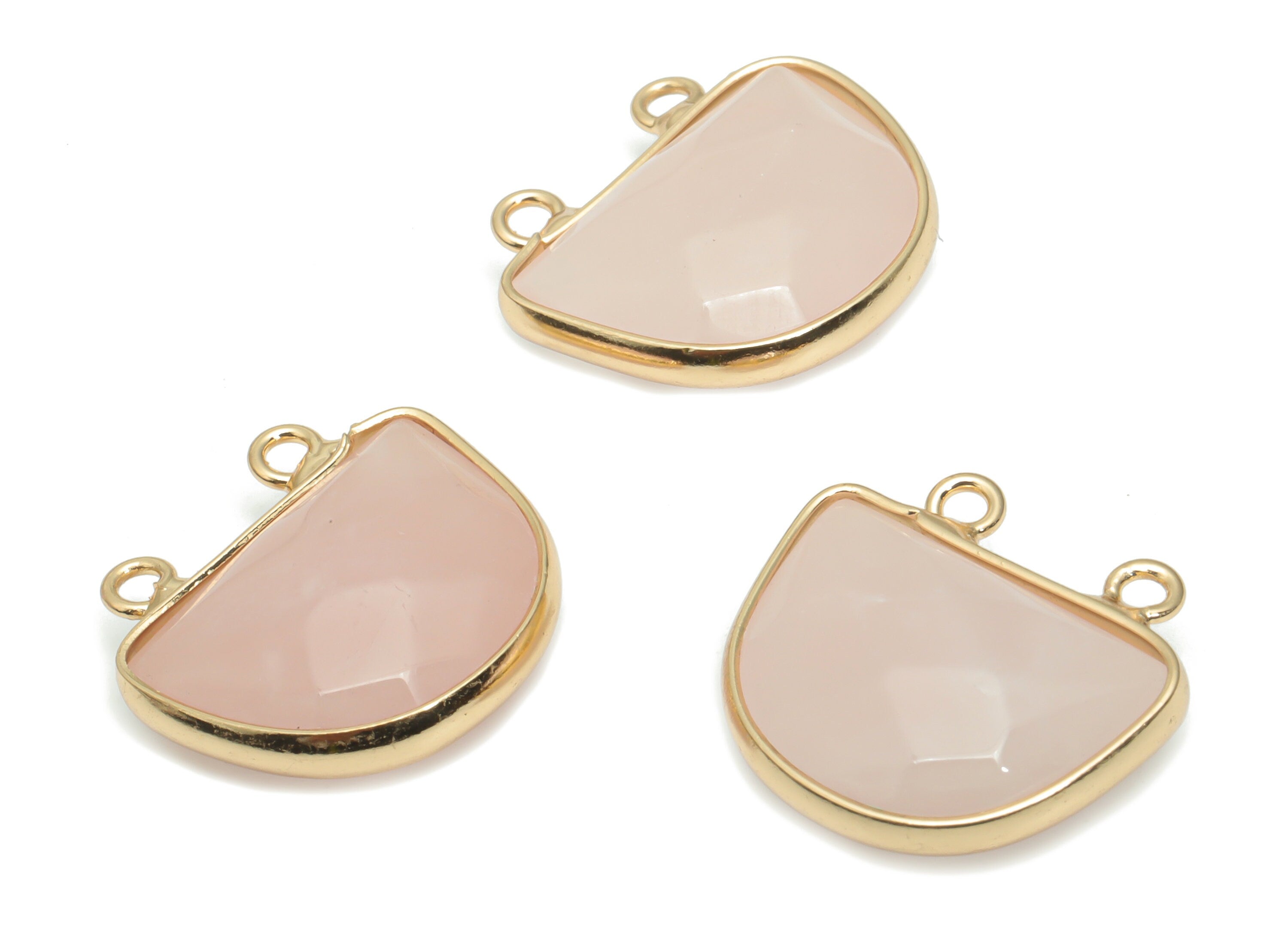 Rose Crystal Quartz Domed Faceted Stone Connectors - Brass Semicircle Pendant - Gold Tone Plated Brass – 17.62x16.62x6.36mm – NS1607B - DOMEDBAZAAR