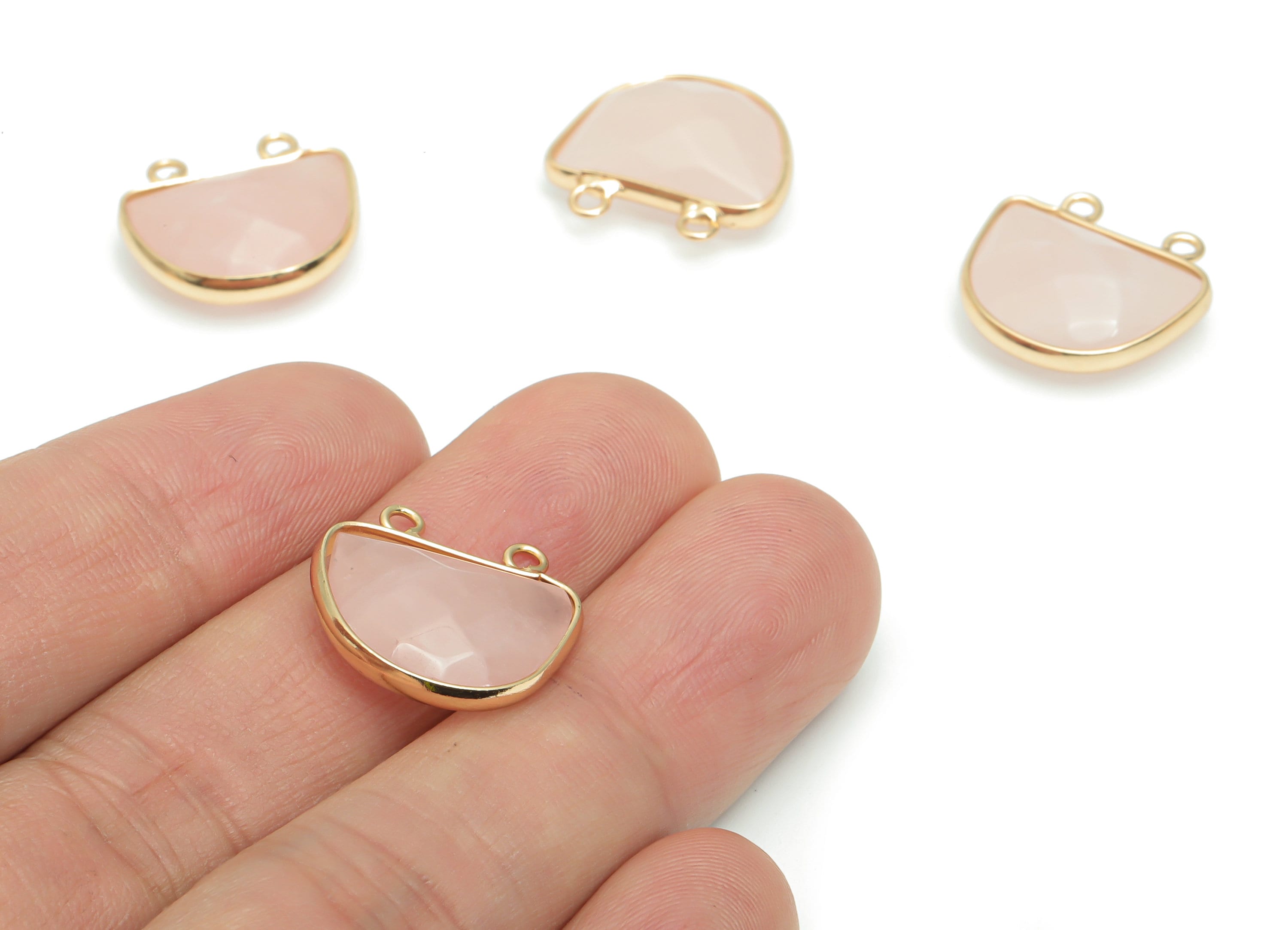 Rose Crystal Quartz Domed Faceted Stone Connectors - Brass Semicircle Pendant - Gold Tone Plated Brass – 17.62x16.62x6.36mm – NS1607B - DOMEDBAZAAR